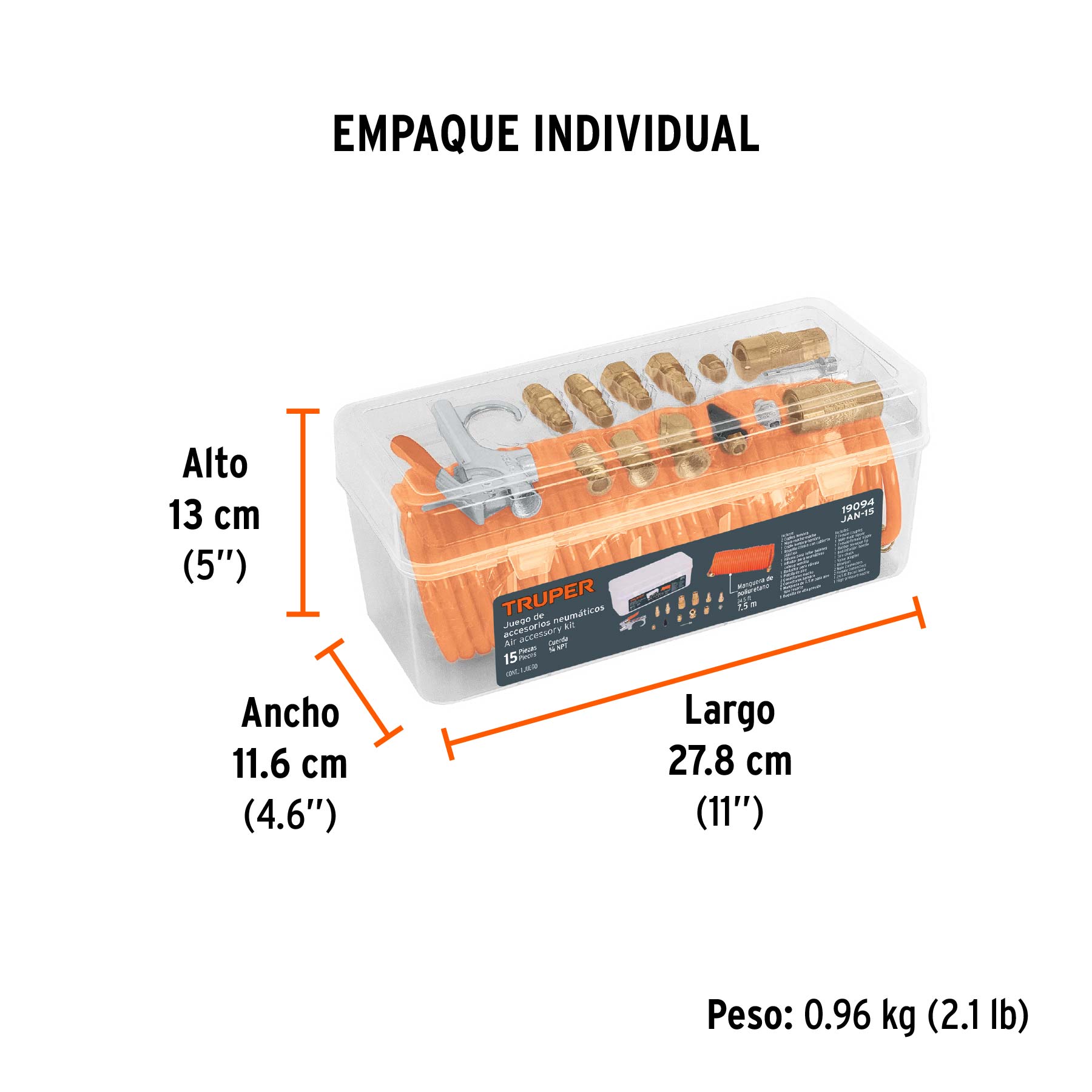 Juego de 15 accesorios neumáticos, cuerda 1/4" NPT, TRUPER - Empaque