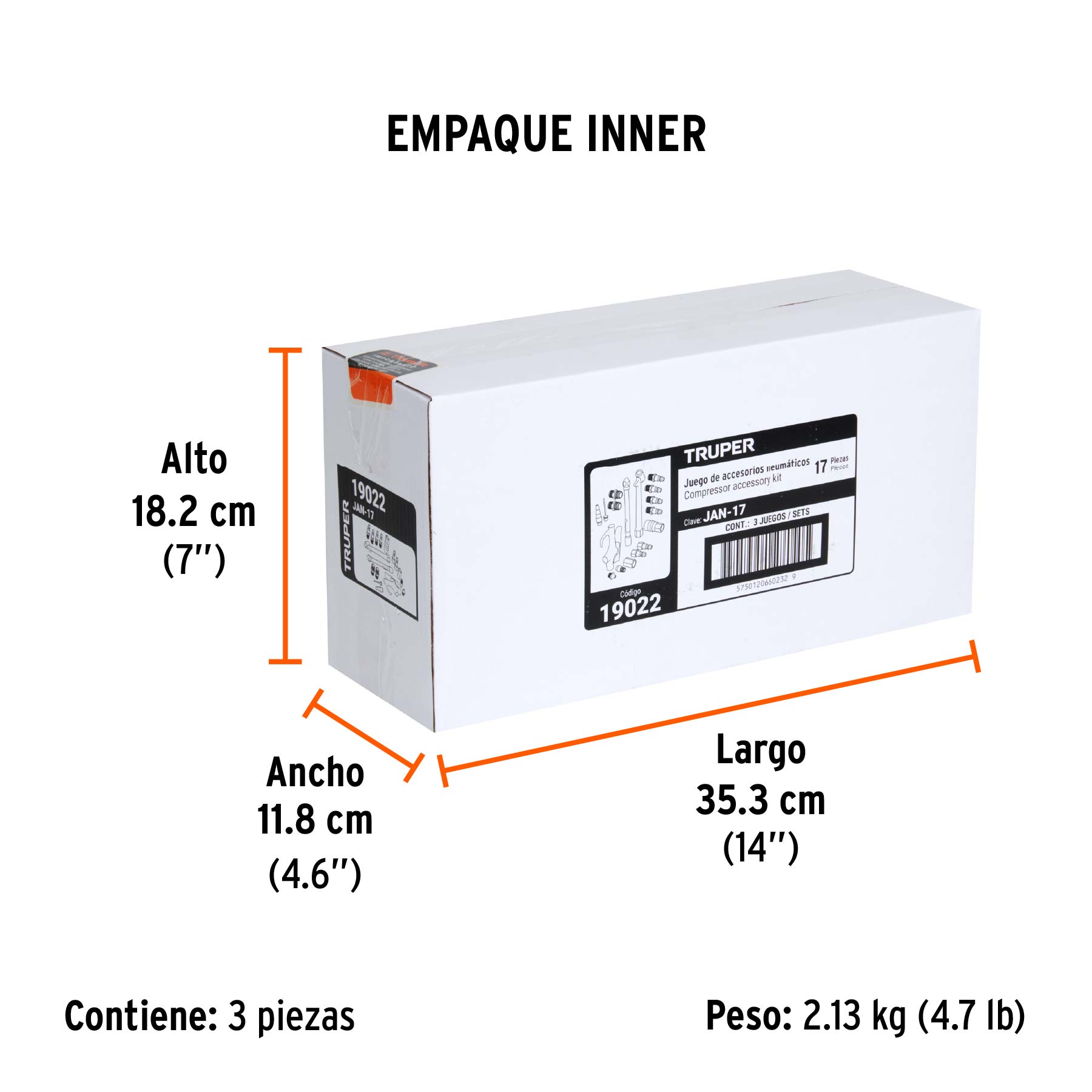 Juego de 17 accesorios neumáticos, cuerda 1/4" NPT, TRUPER - Empaque