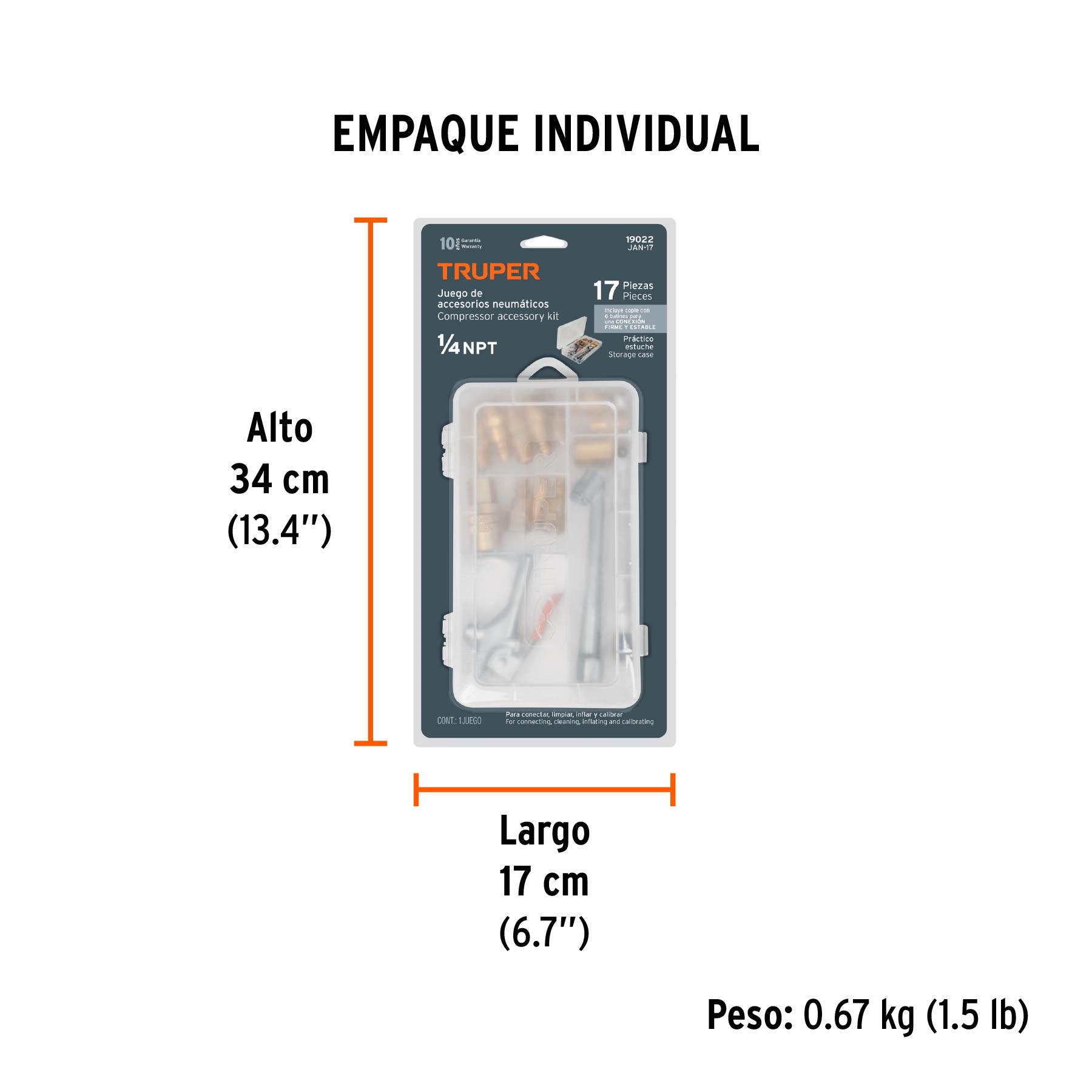 Juego de 17 accesorios neumáticos, cuerda 1/4" NPT, TRUPER - Empaque