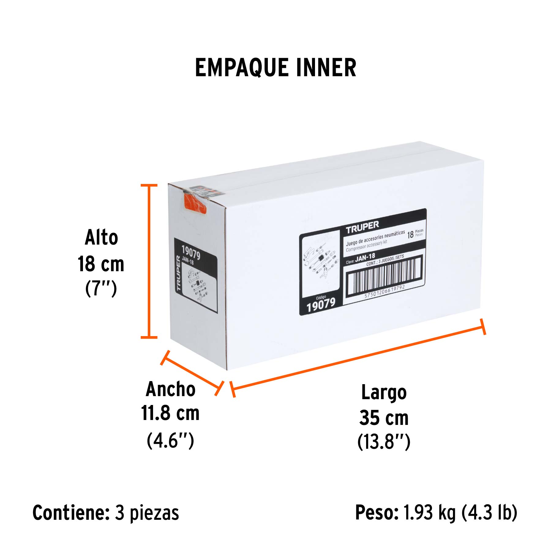 Juego de 18 accesorios neumáticos, cuerda 1/4" NPT, TRUPER - Empaque