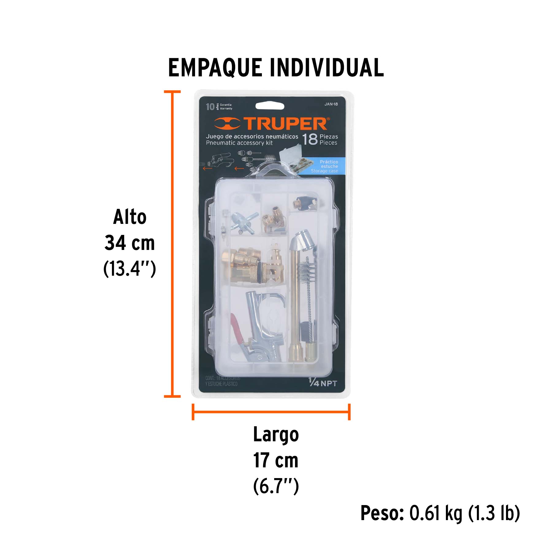 Juego de 18 accesorios neumáticos, cuerda 1/4" NPT, TRUPER - Empaque