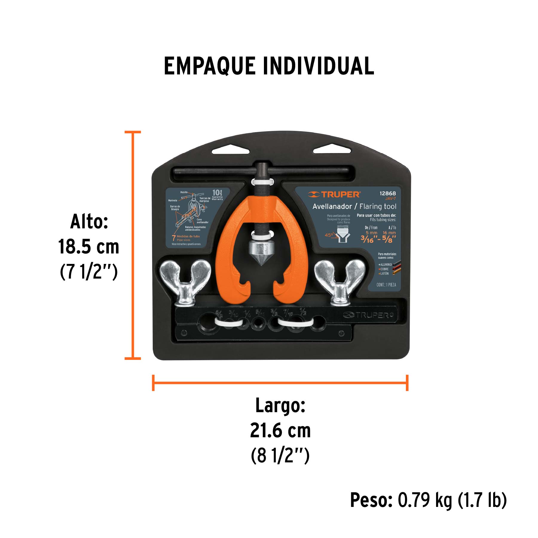 Avellanador para tubo, ajustable de 3/16" a 5/8", TRUPER - Empaque