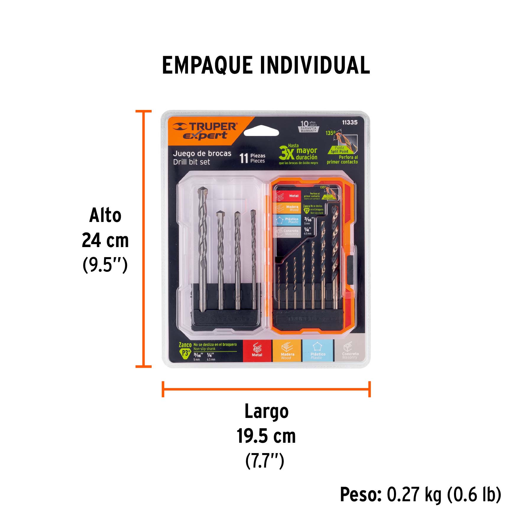 Juego de 11 brocas para metal y concreto en estuche, TRUPER - Empaque