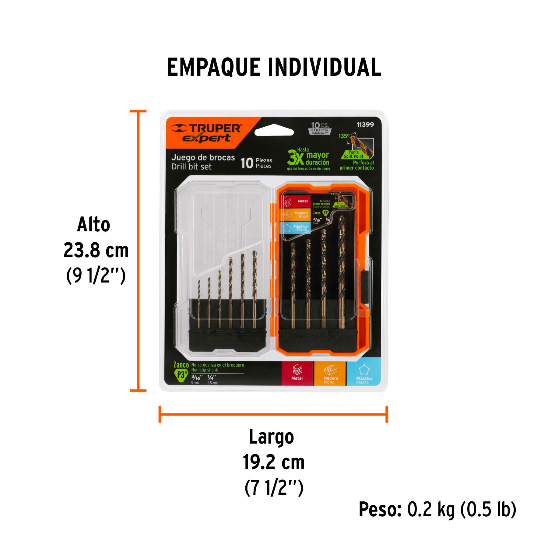 Juego de 10 brocas HSS para metal en estuche, TRUPER EXPERT - Empaque