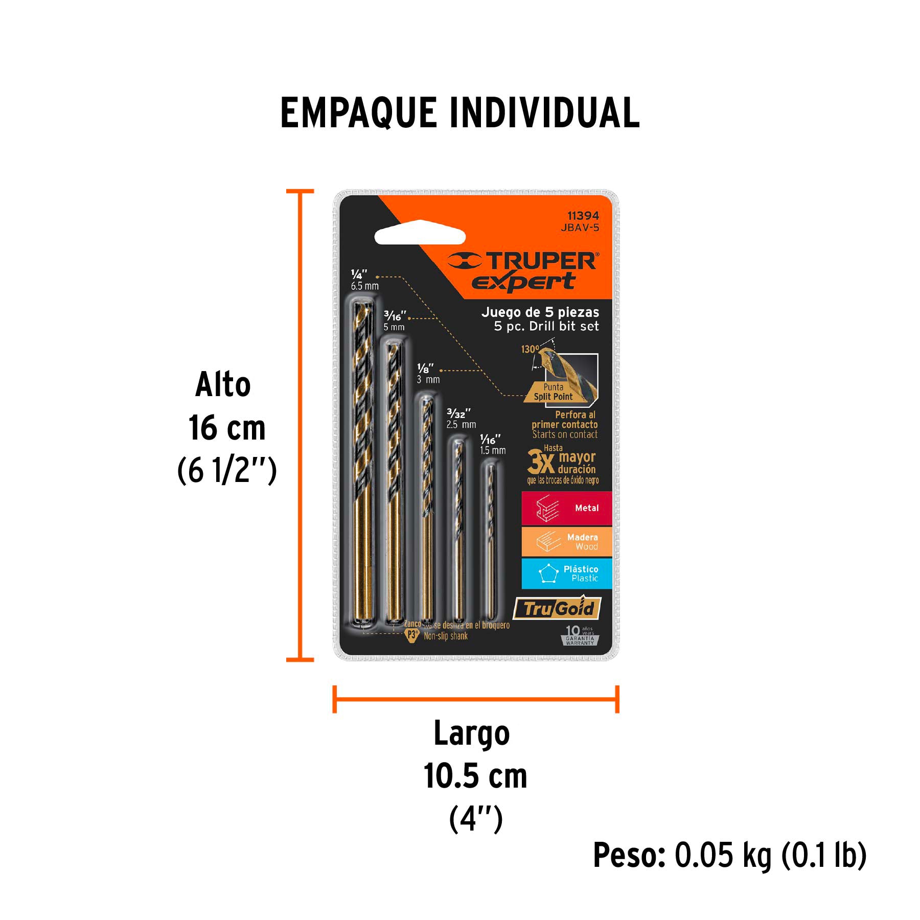 Juego de 5 brocas HSS para metal, TRUPER EXPERT - Empaque