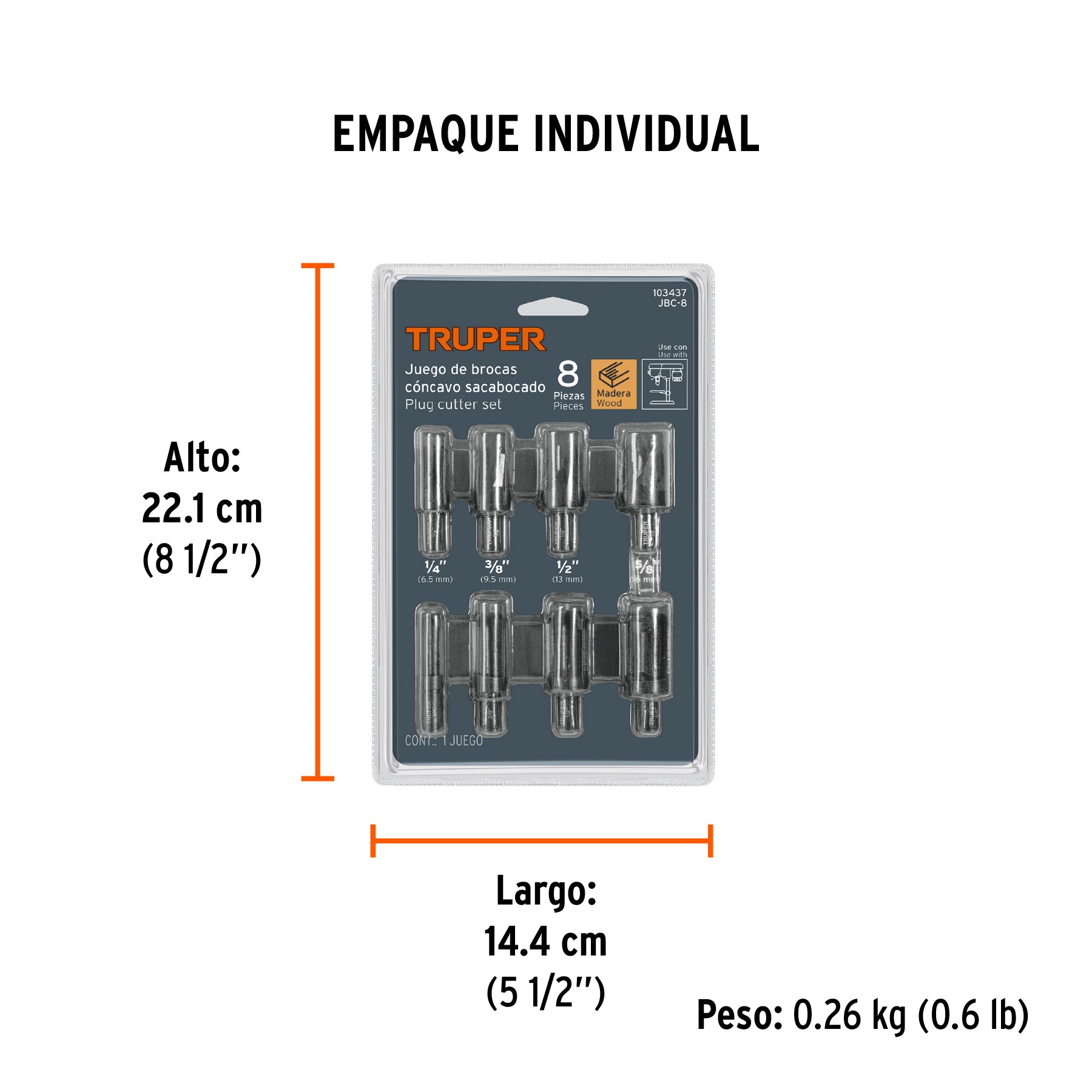 Juego de 8 brocas clavacote para madera, TRUPER - Empaque