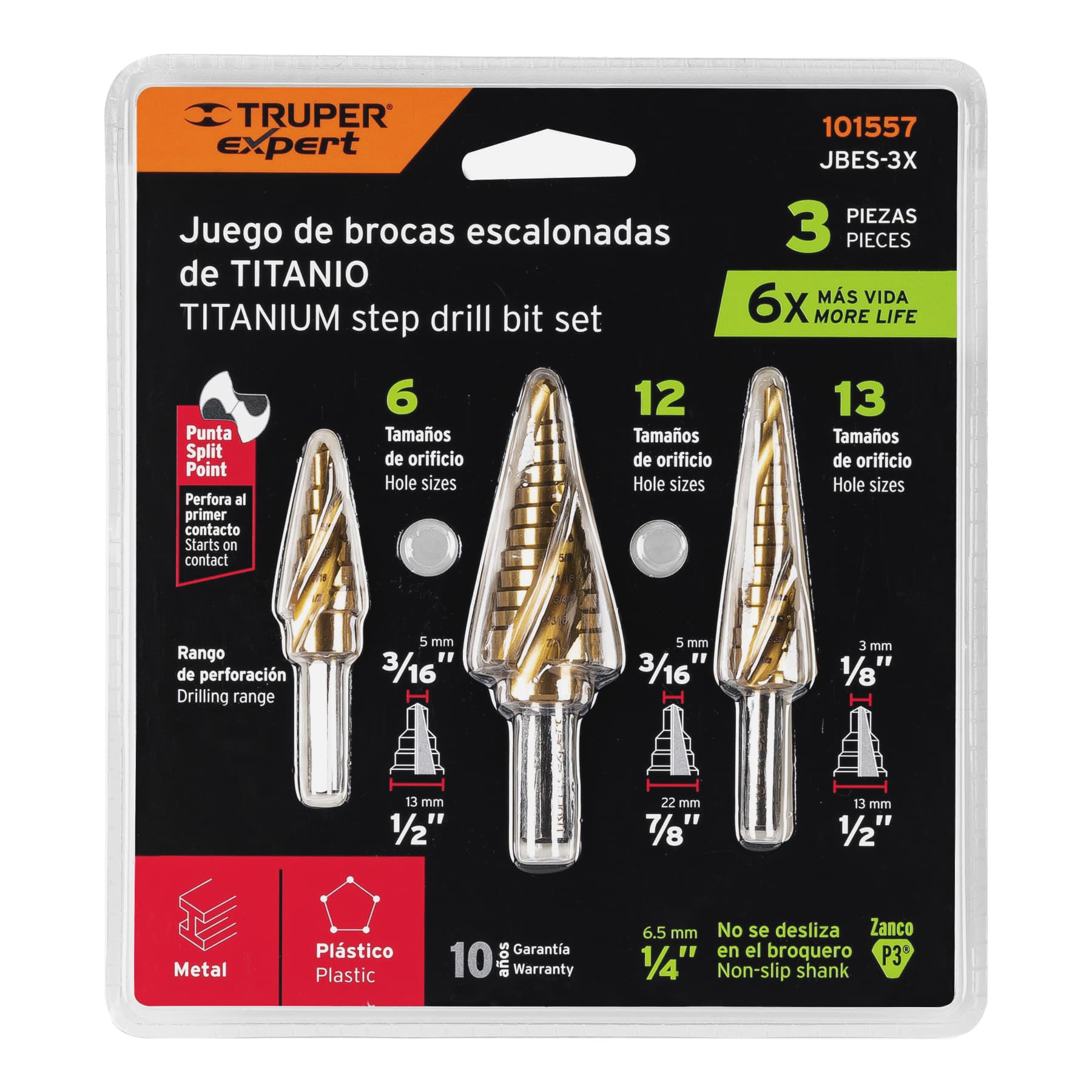 Juego de 3 brocas escalonadas de titanio, TRUPER EXPERT