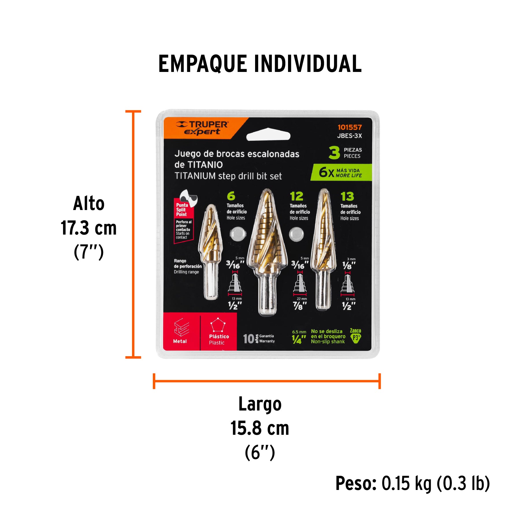Juego de 3 brocas escalonadas de titanio, TRUPER EXPERT - Empaque