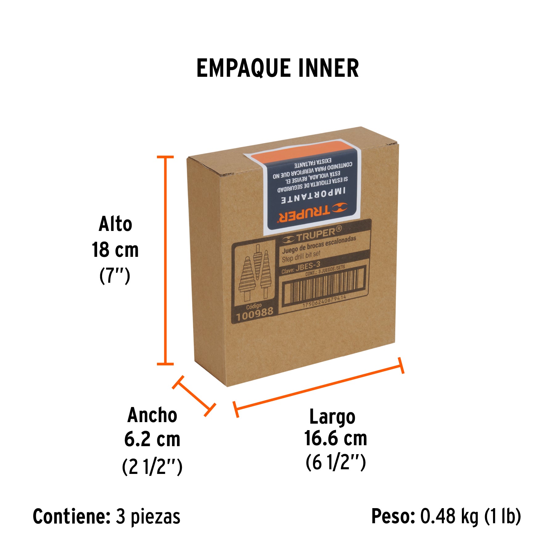Juego de 3 brocas escalonadas de óxido negro, TRUPER - Empaque