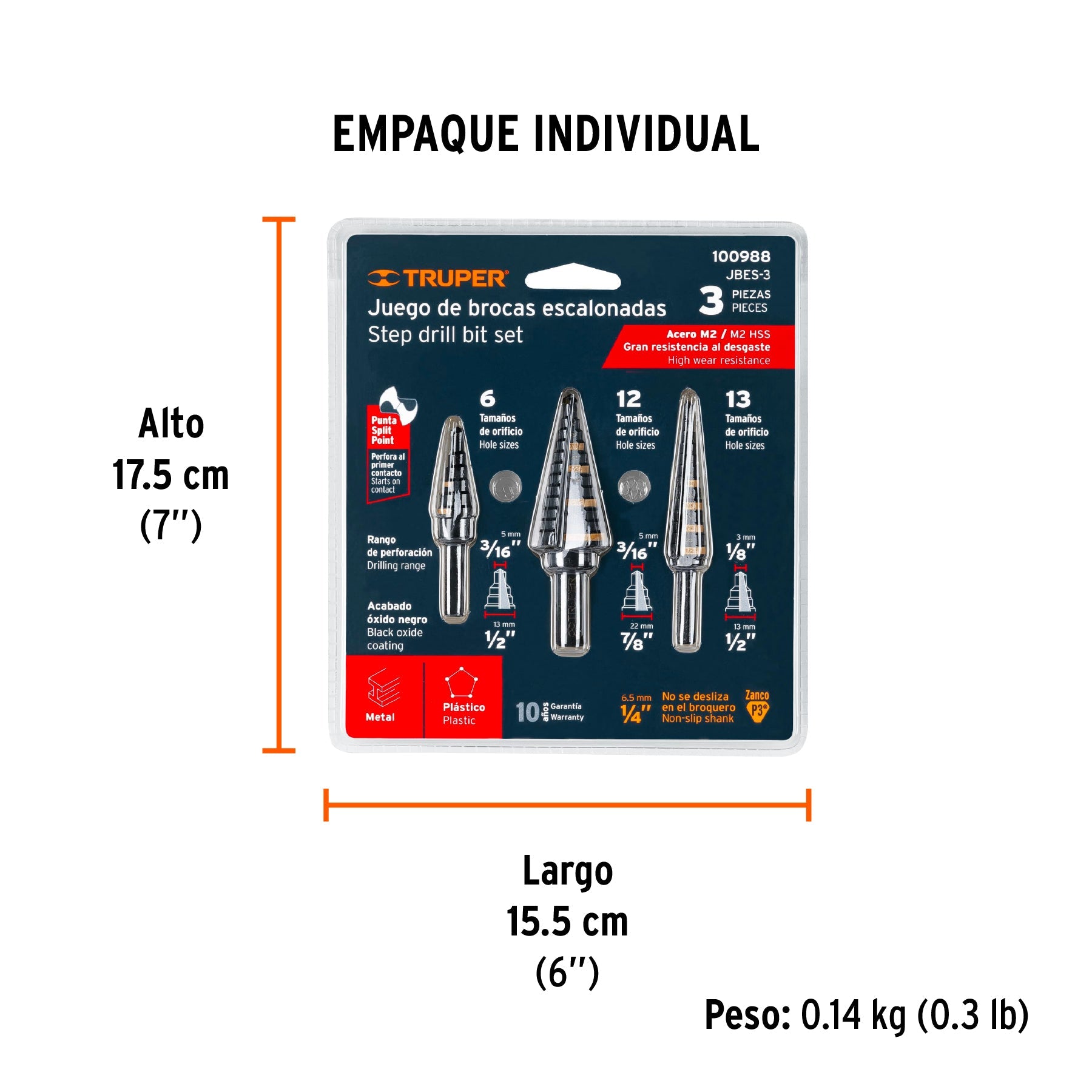 Juego de 3 brocas escalonadas de óxido negro, TRUPER - Empaque