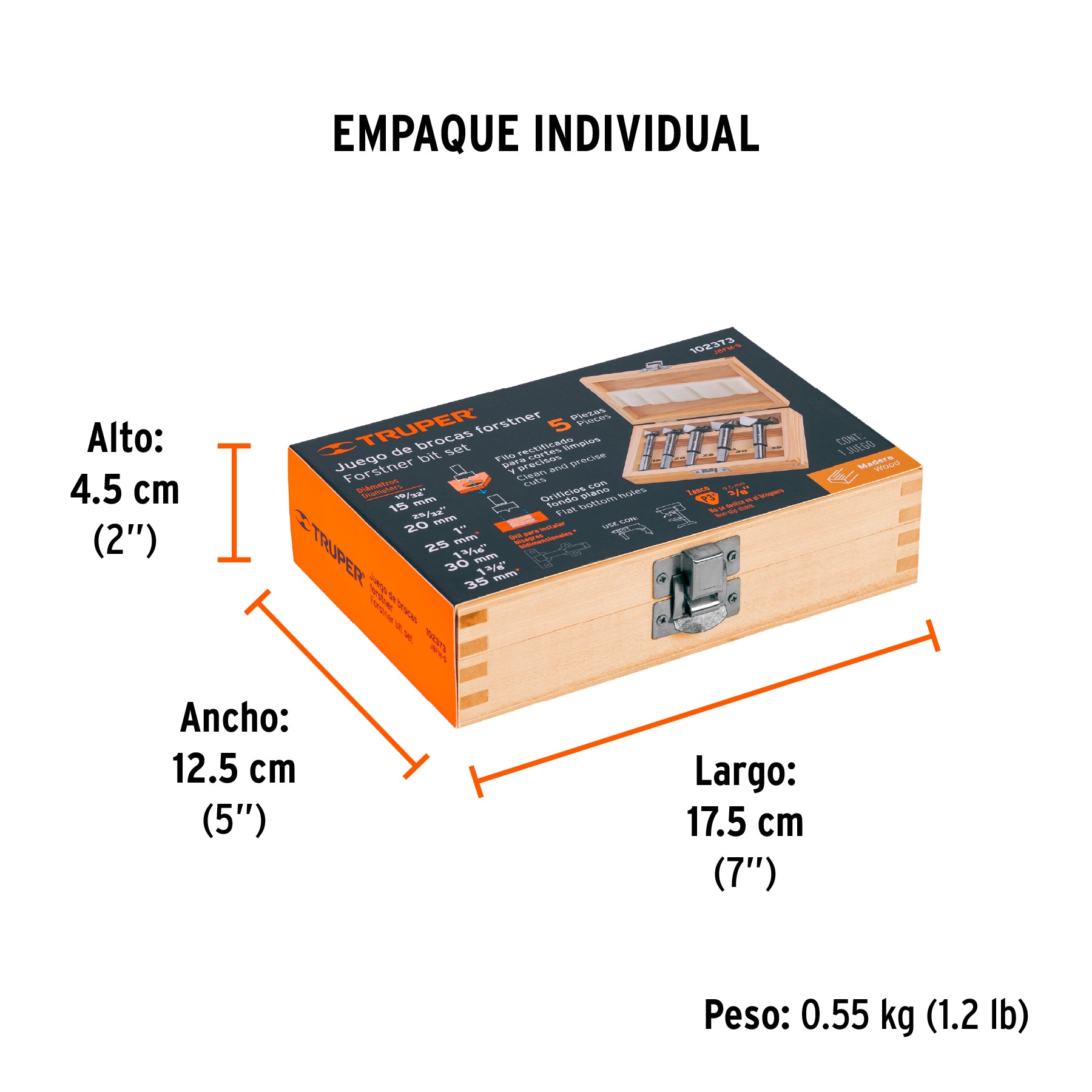 Juego de 5 brocas forstner para madera, TRUPER - Empaque