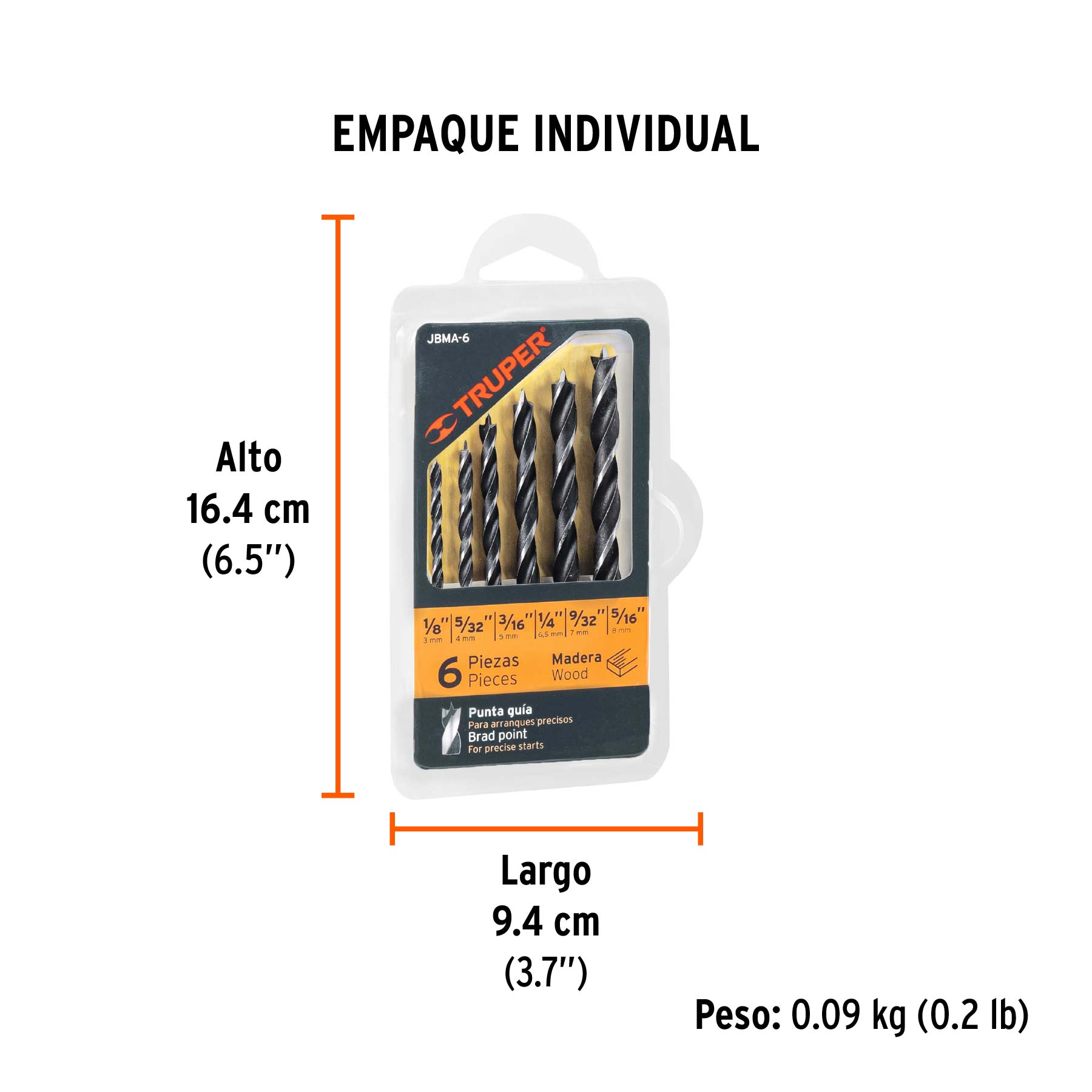 Juego de 6 brocas con punta centradora para madera, TRUPER - Empaque