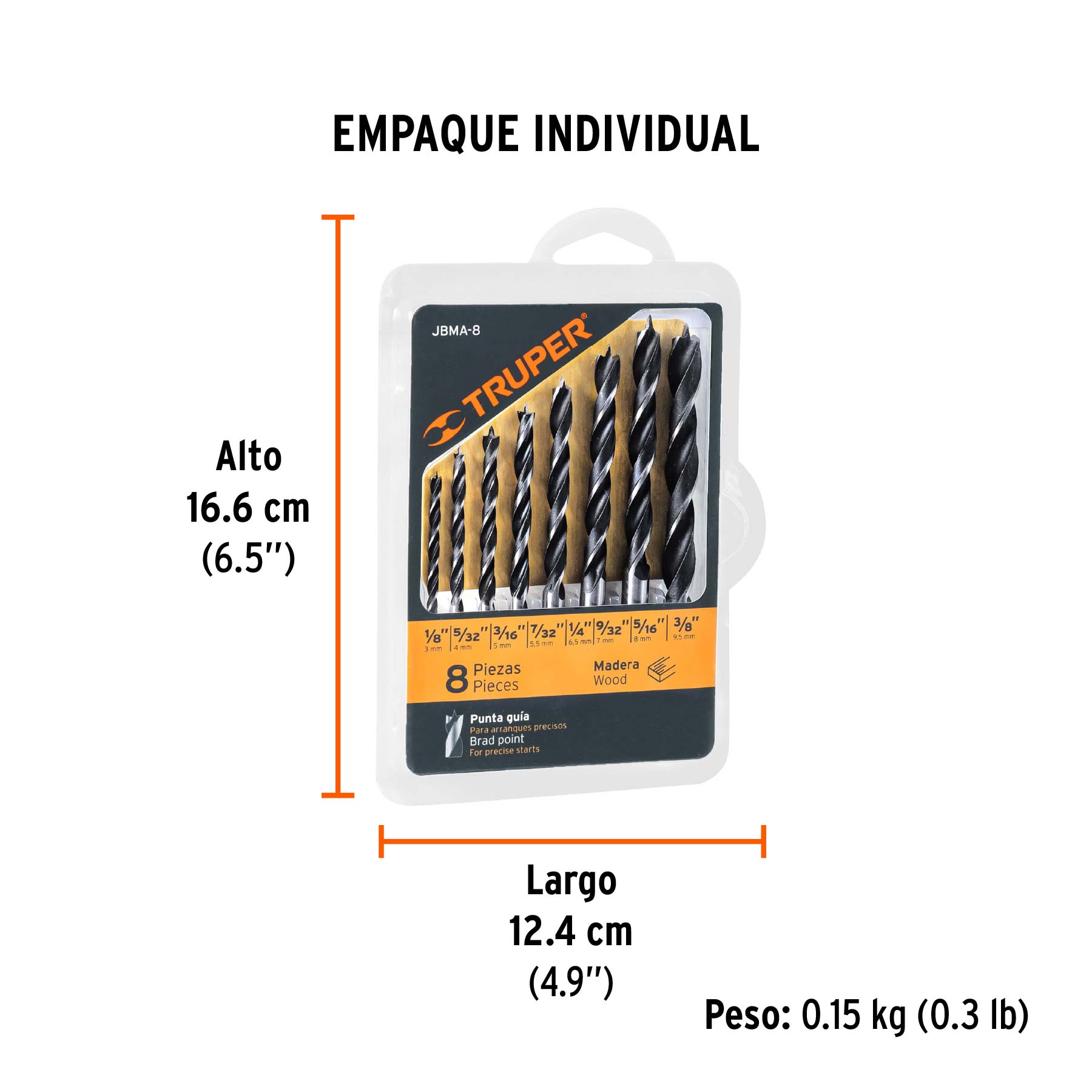 Juego de 8 brocas con punta centradora para madera, TRUPER - Empaque