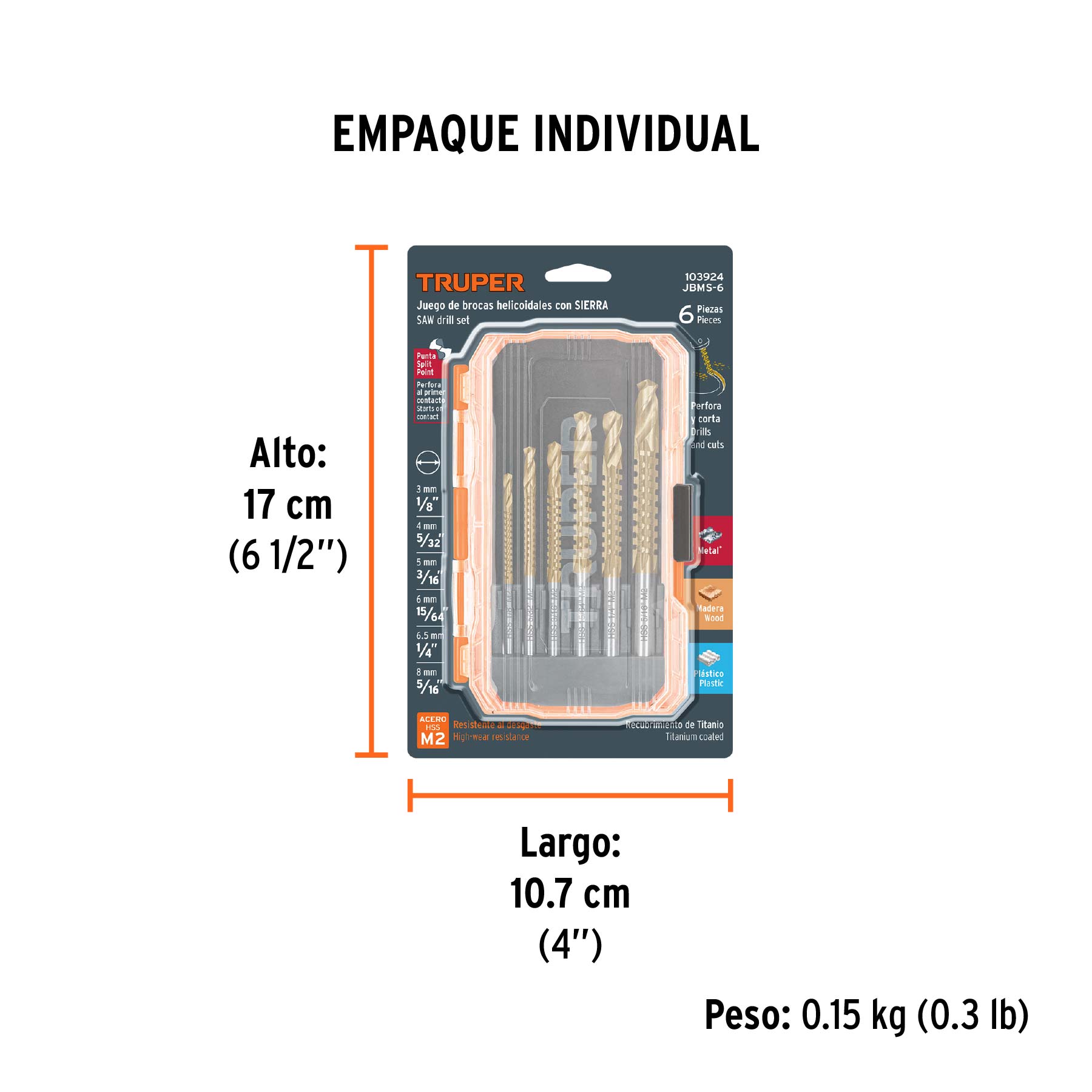 Juego de 6 brocas helicoidales con sierra, TRUPER - Empaque