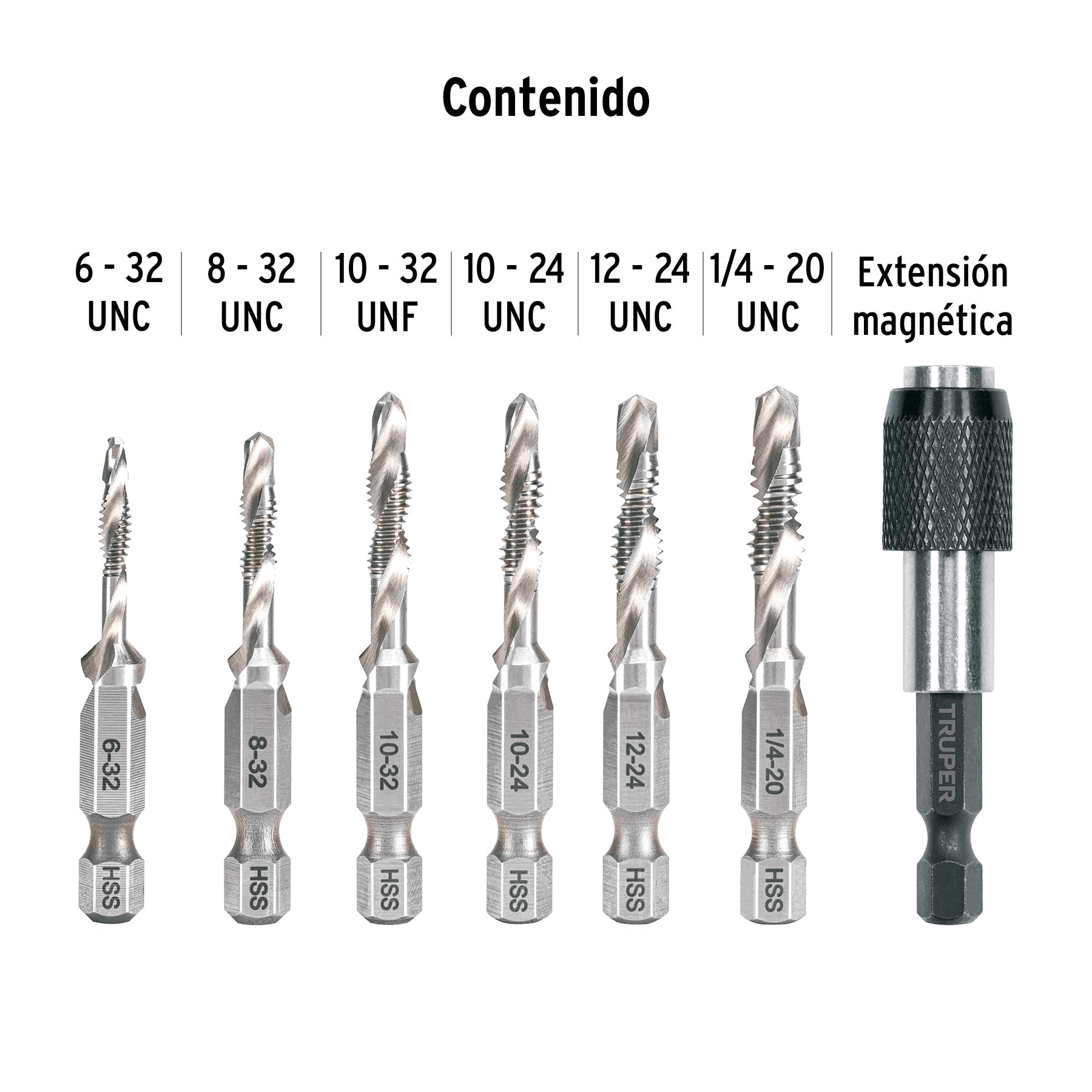 Juego de 6 brocas HSS con machuelo para metal, TRUPER
