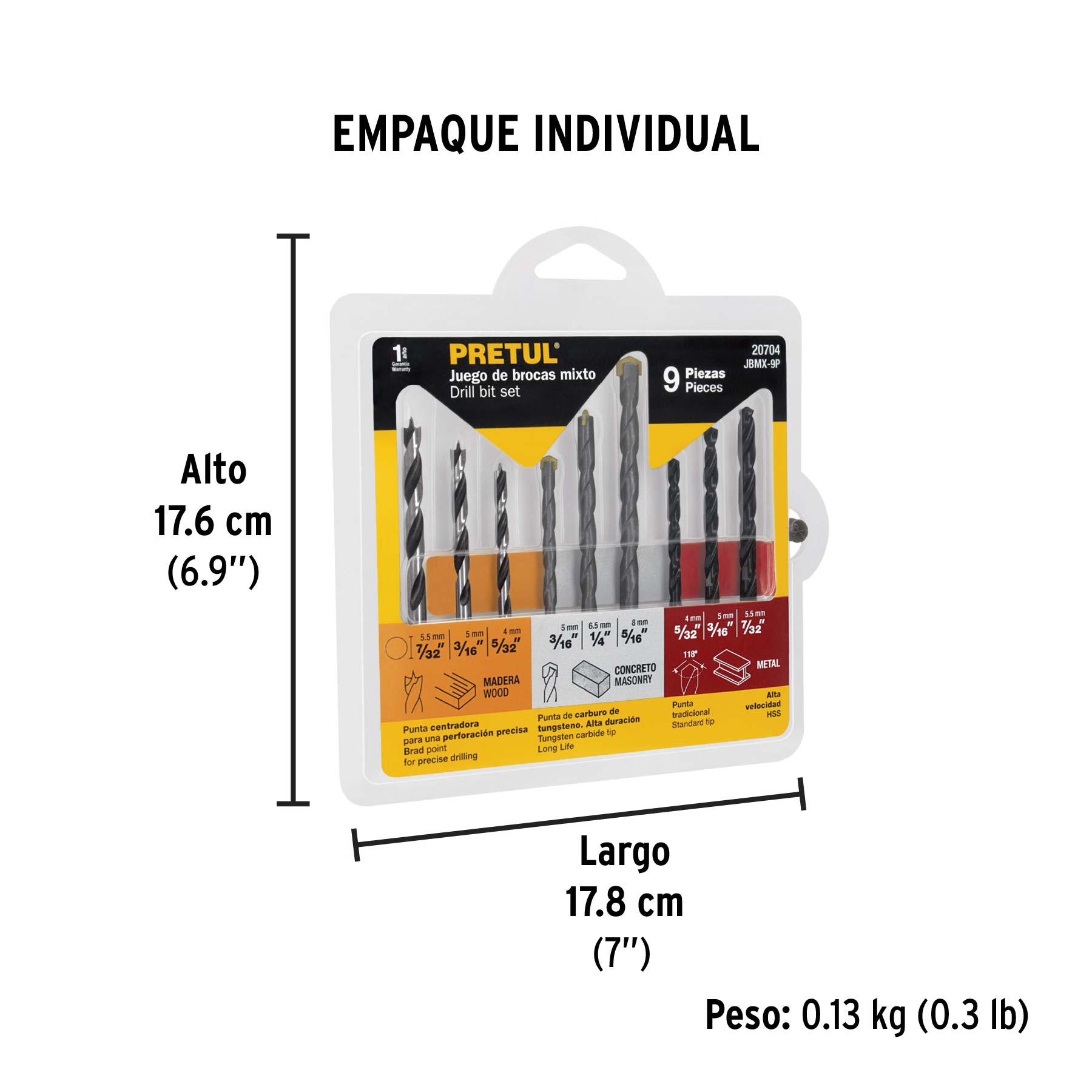 Juego de 9 brocas para metal, concreto y madera, PRETUL - Empaque
