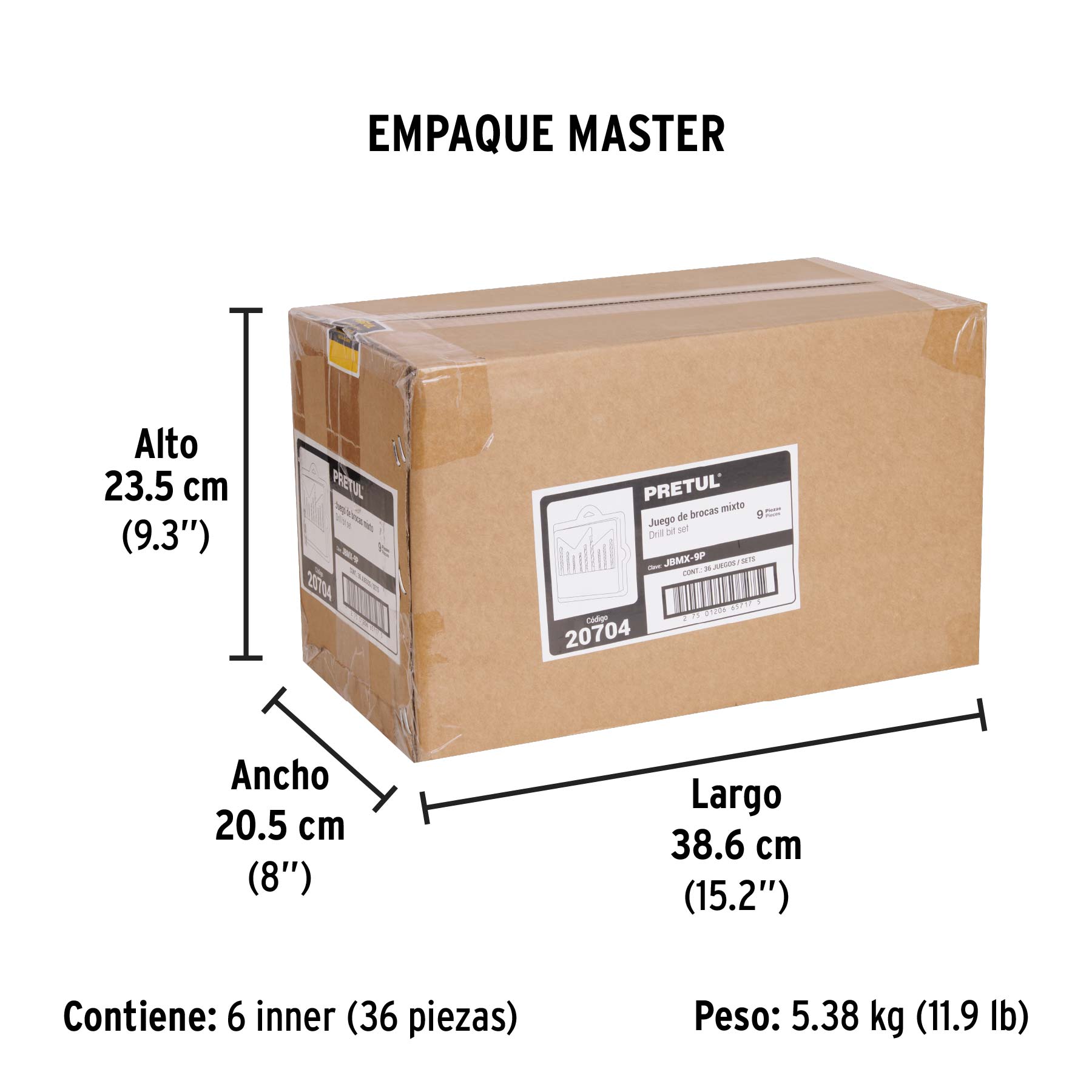 Juego de 9 brocas para metal, concreto y madera, PRETUL - Empaque