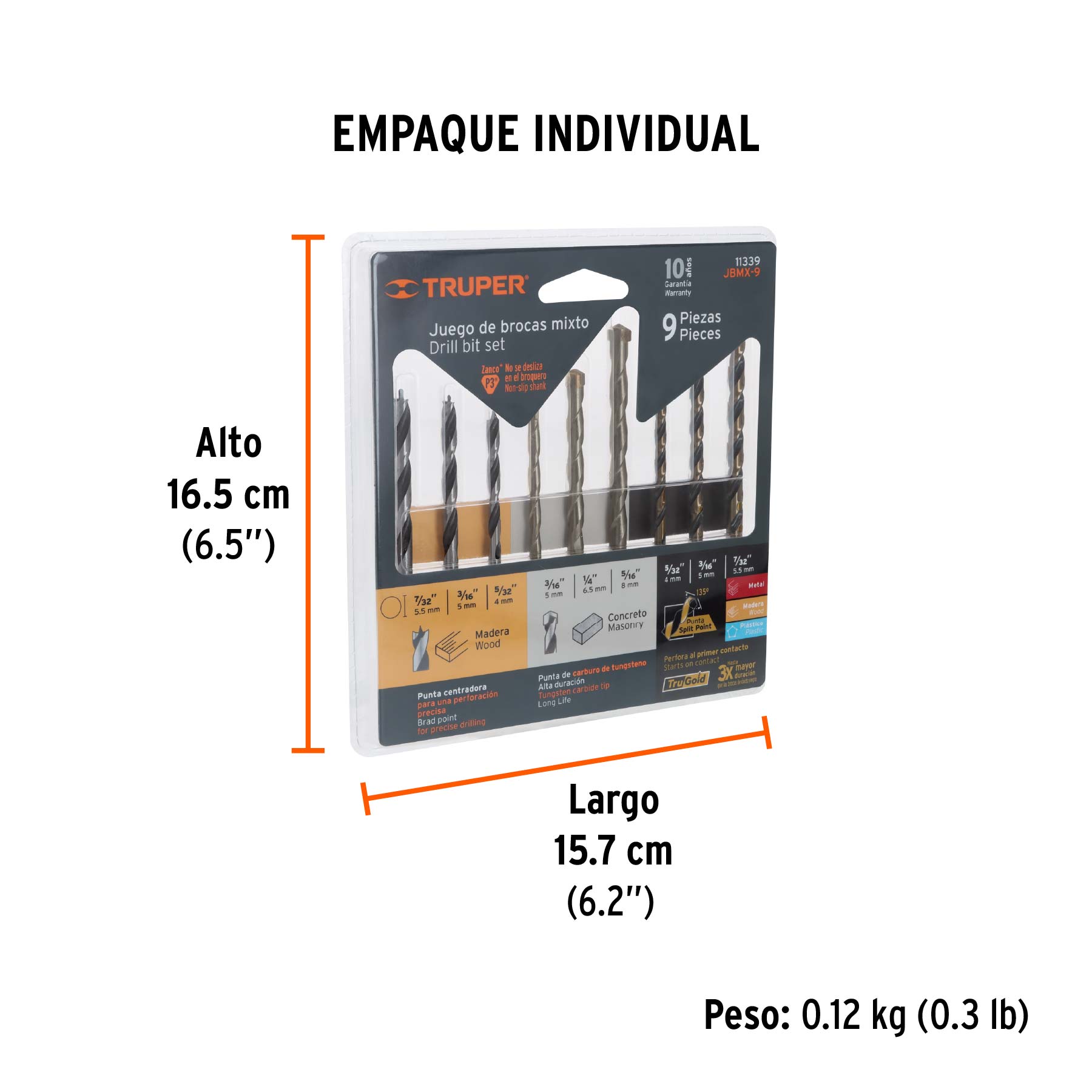 Juego de 9 brocas para metal, concreto y madera, TRUPER - Empaque