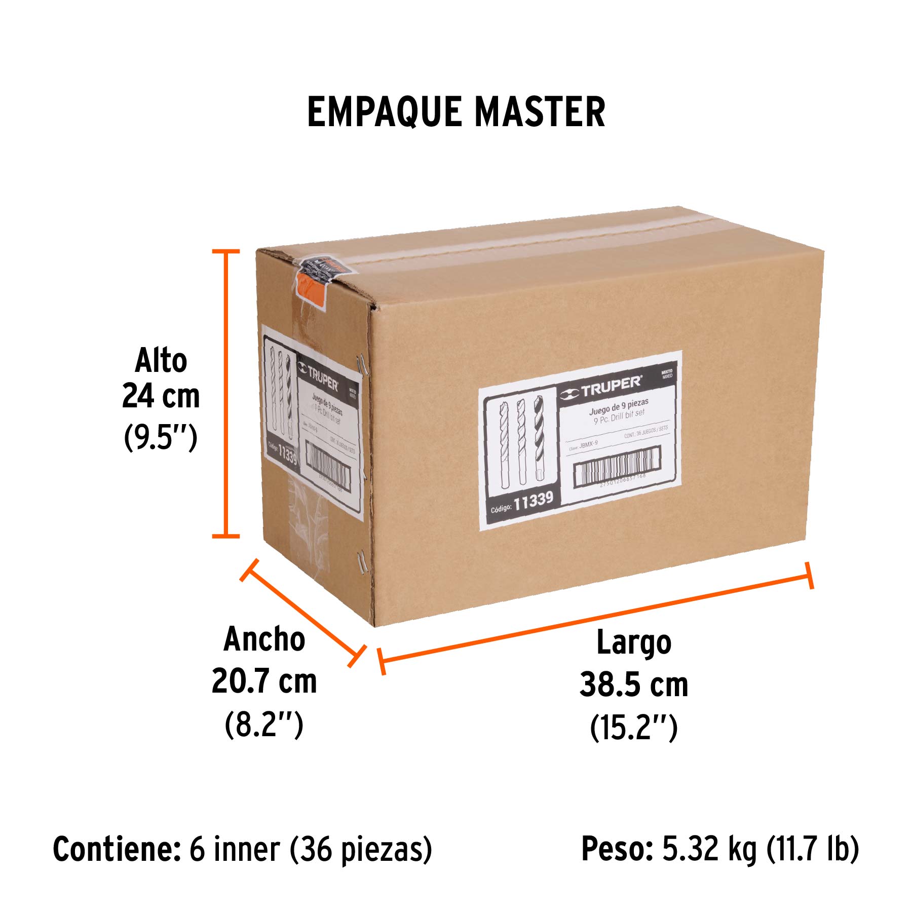 Juego de 9 brocas para metal, concreto y madera, TRUPER - Empaque