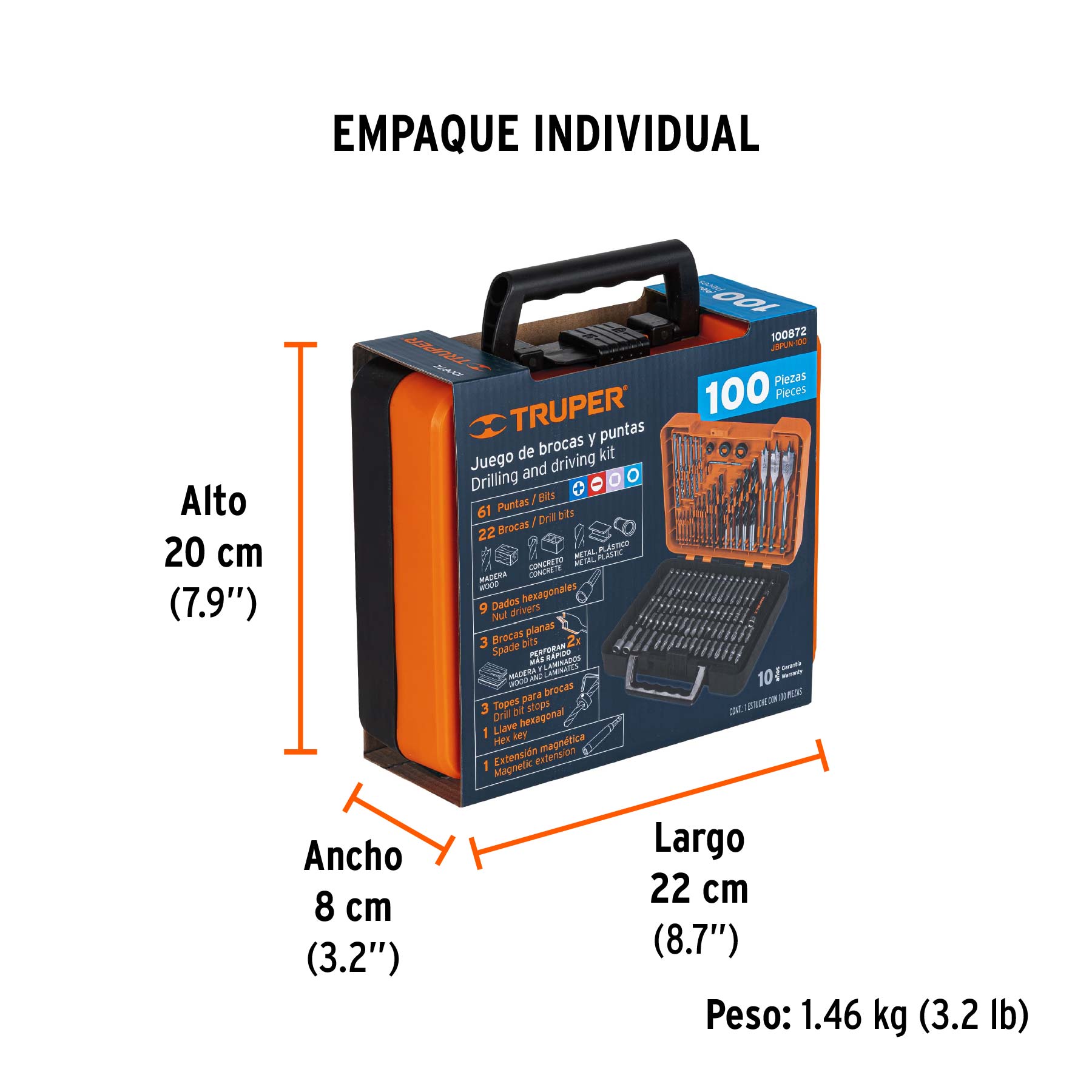 Juego de 100 brocas y puntas en estuche plástico, TRUPER - Empaque