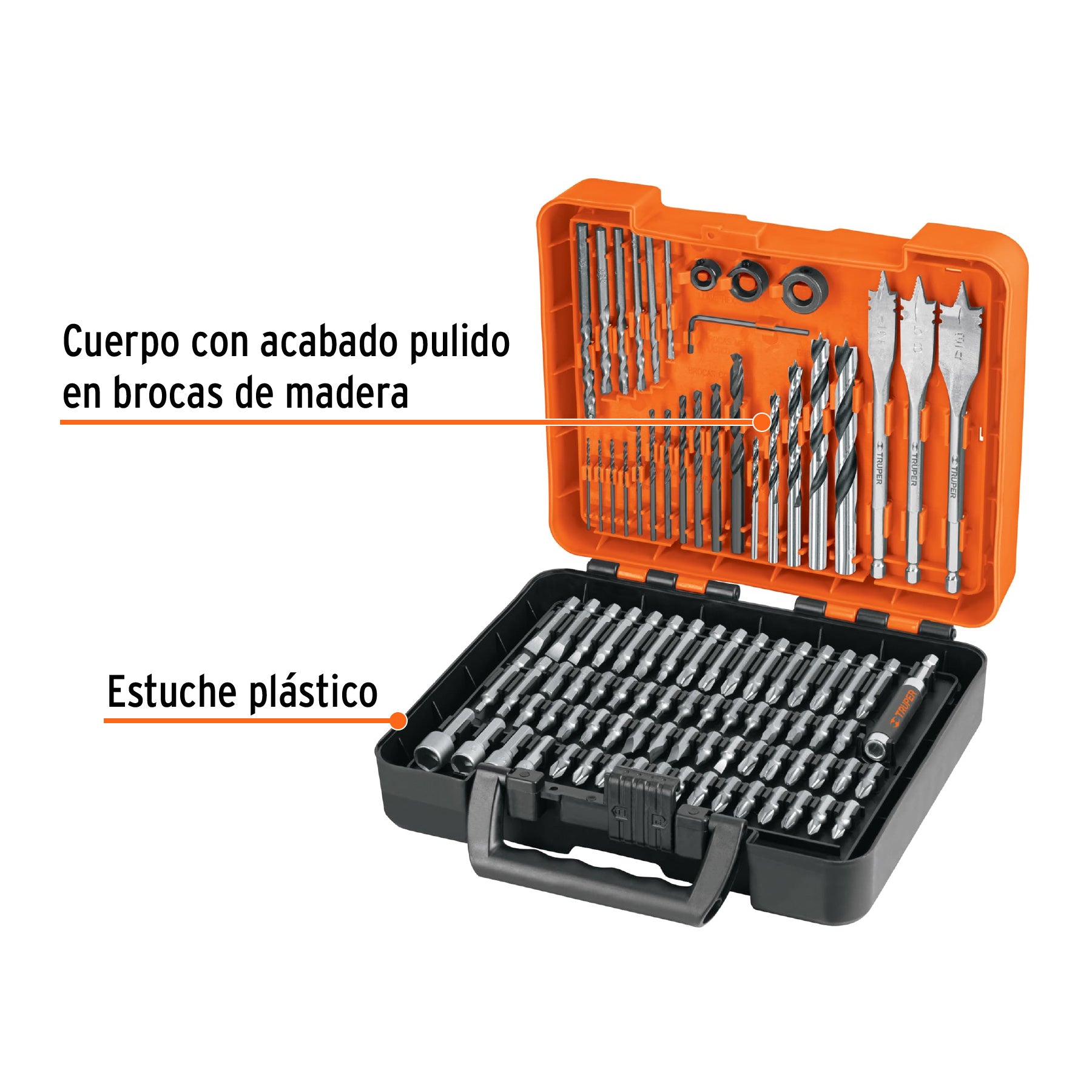 Juego de 100 brocas y puntas en estuche plástico, TRUPER