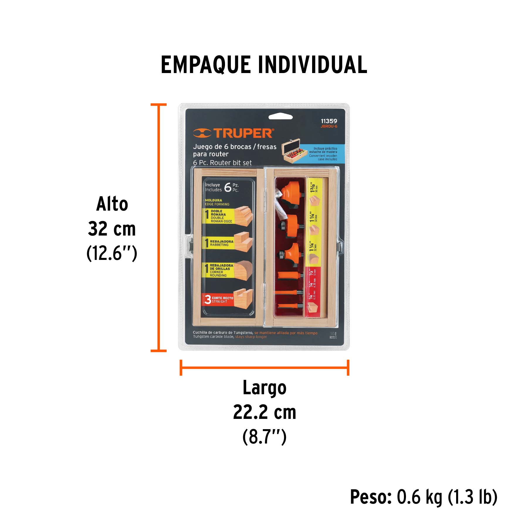 Juego de 6 brocas para router, TRUPER - Empaque