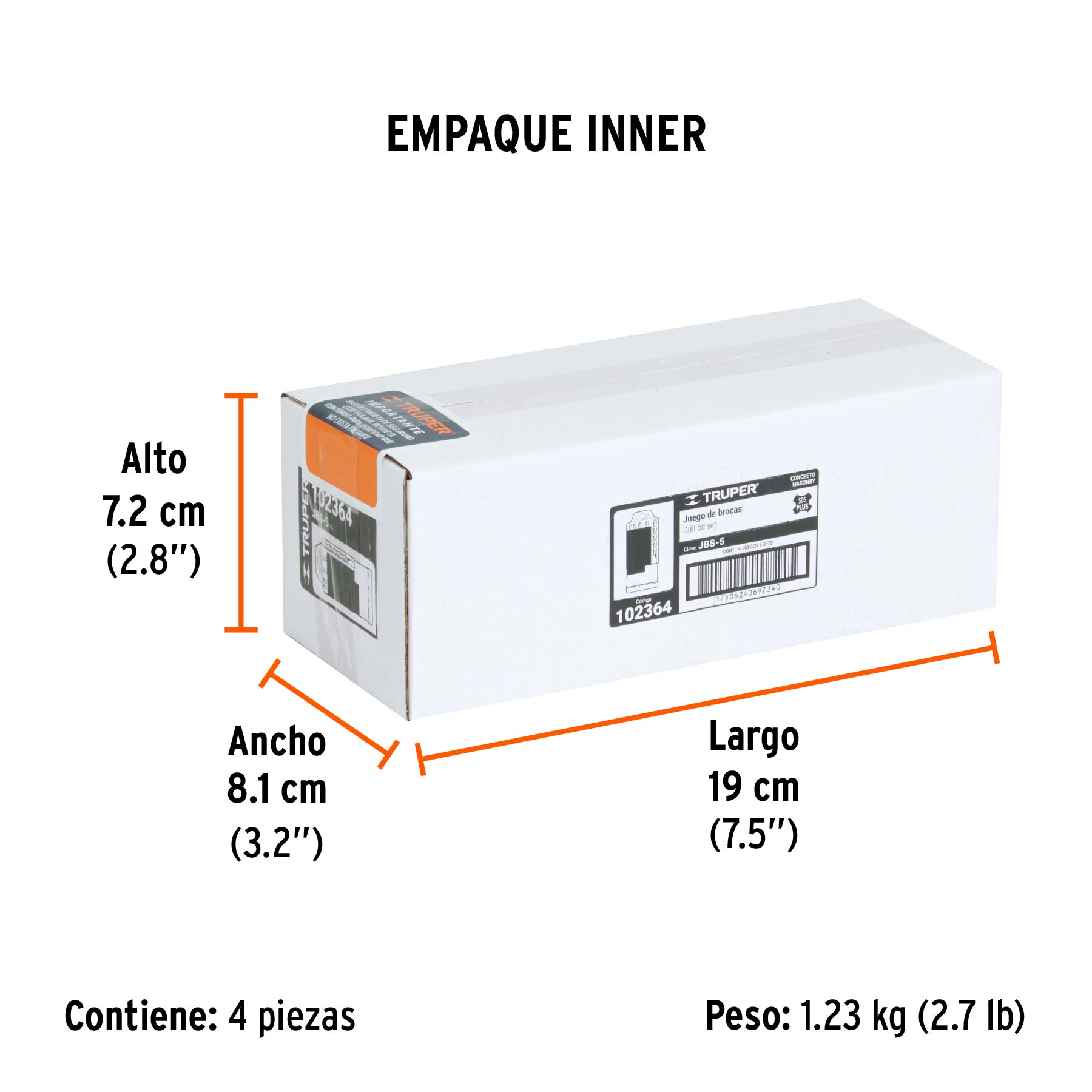 Juego de 5 brocas para concreto SDS Plus, TRUPER - Empaque