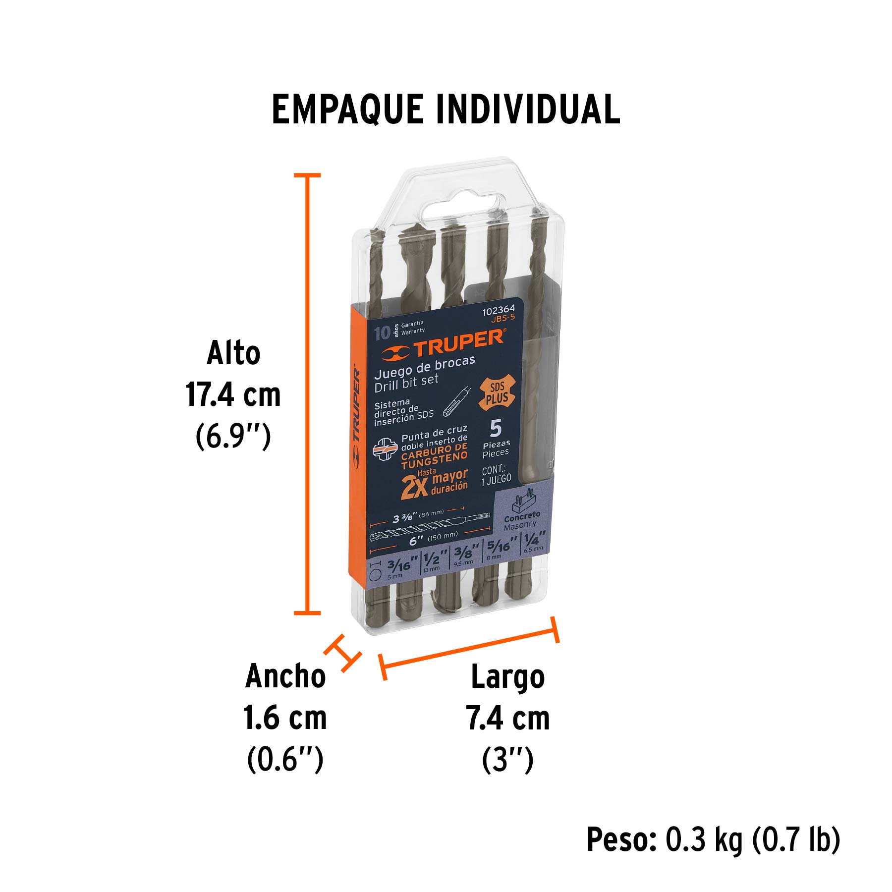 Juego de 5 brocas para concreto SDS Plus, TRUPER - Empaque