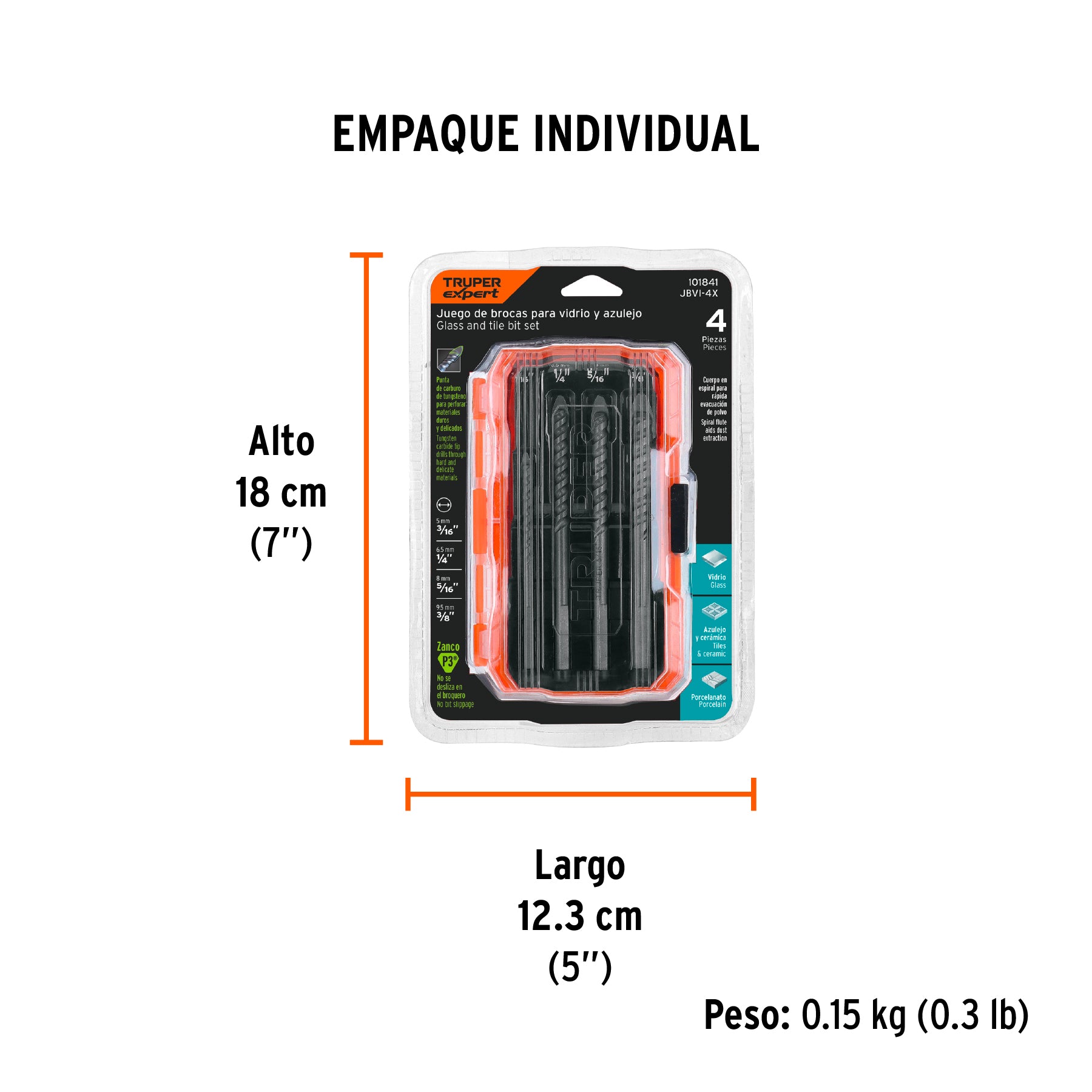 Juego de 4 brocas para vidrio y azulejo, TRUPER EXPERT - Empaque