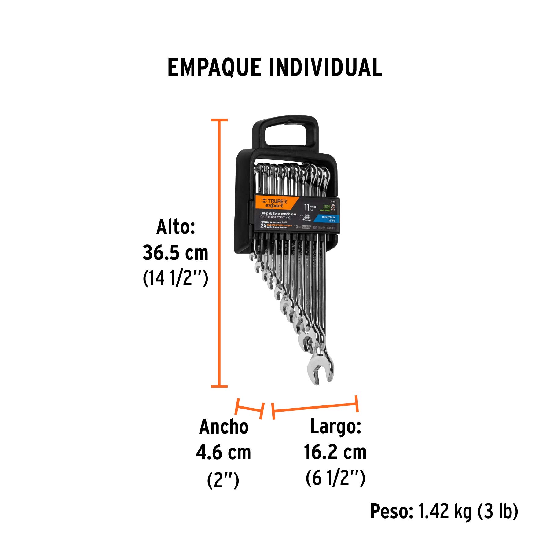Juego de 11 llaves combinadas extralargas pulidas mm, EXPERT - Empaque