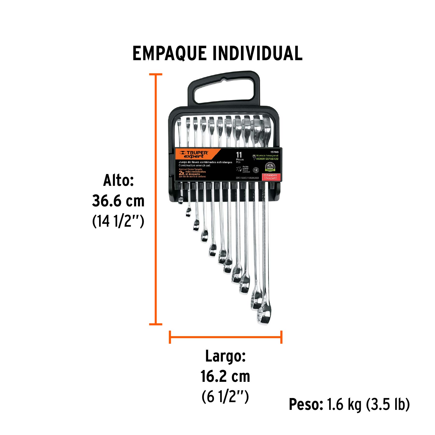 Juego de 11 llaves combinadas extralargas pulidas std,EXPERT - Empaque