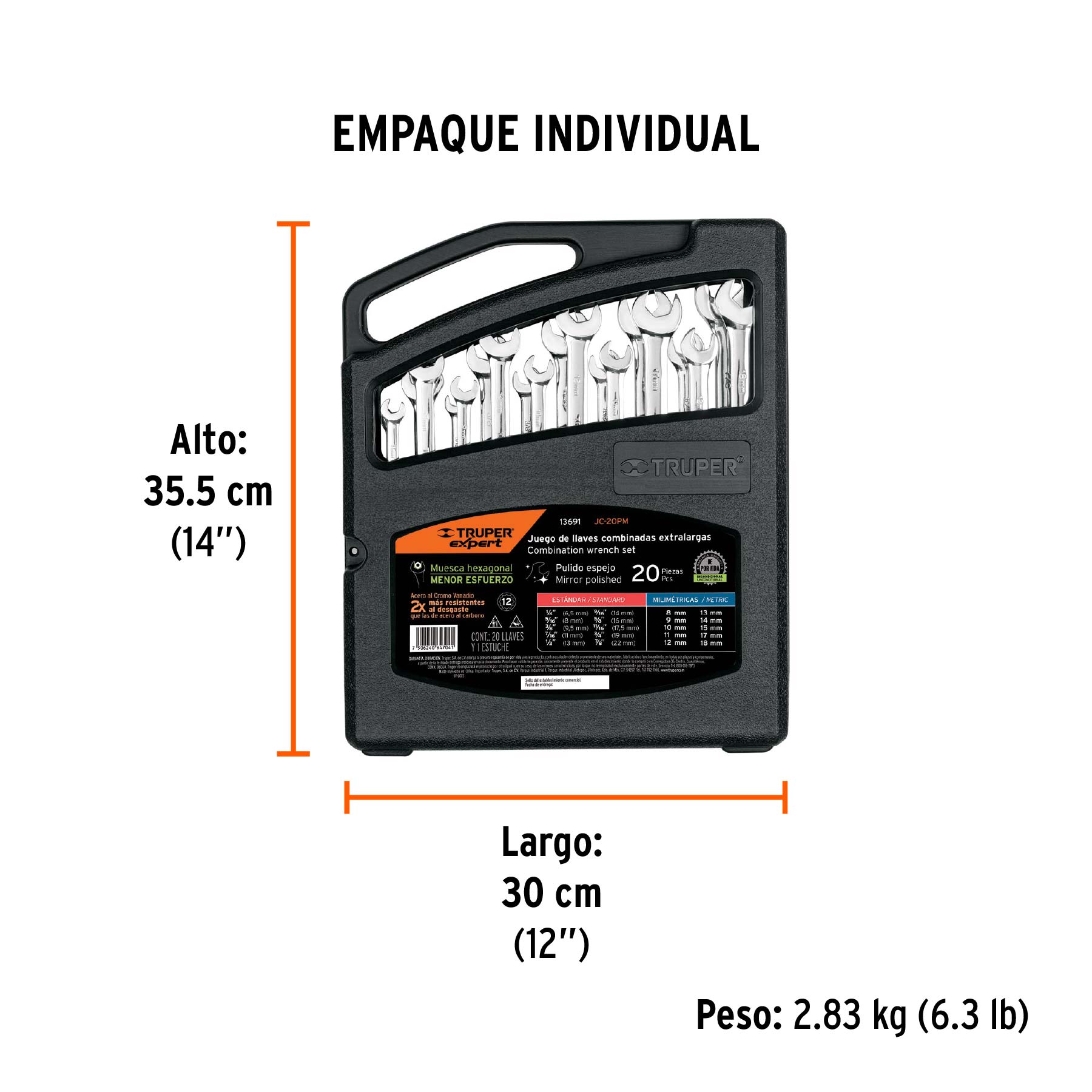 Jgo 20 llaves combinadas extralargas pulidas std y mm,EXPERT - Empaque