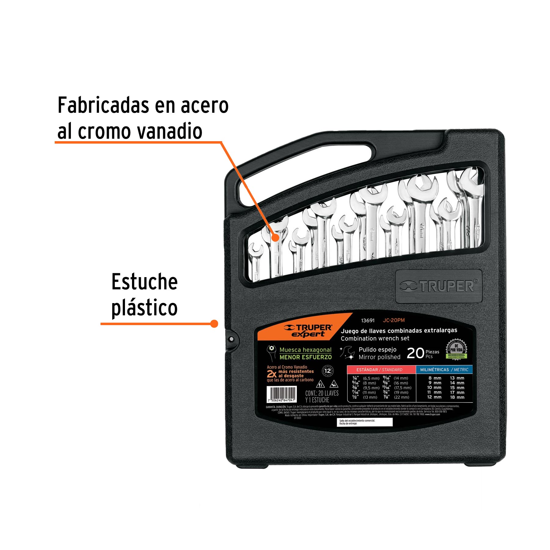 Jgo 20 llaves combinadas extralargas pulidas std y mm,EXPERT