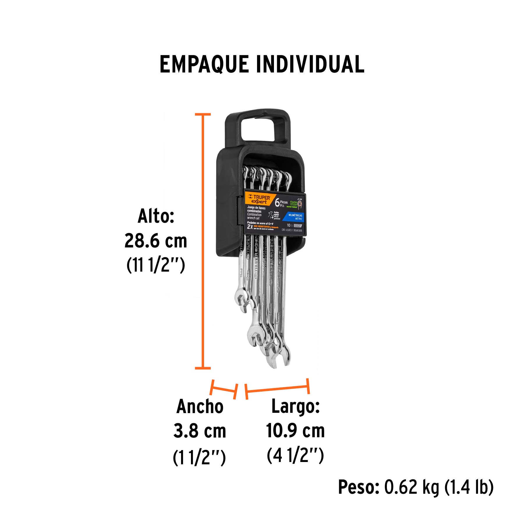 Juego de 6 llaves combinadas extralargas pulidas mm, EXPERT - Empaque