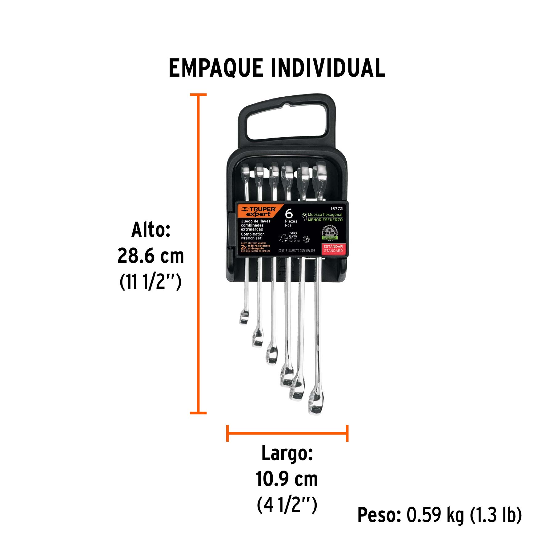 Juego de 6 llaves combinadas extralargas pulidas std, EXPERT - Empaque