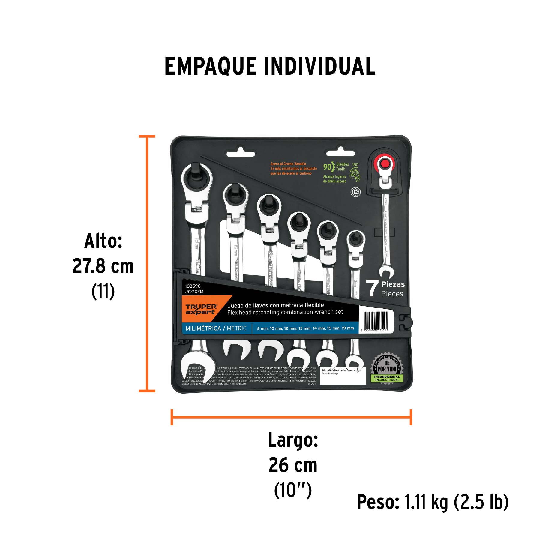 Juego de 7 llaves combinadas mm con matraca flexible - Empaque