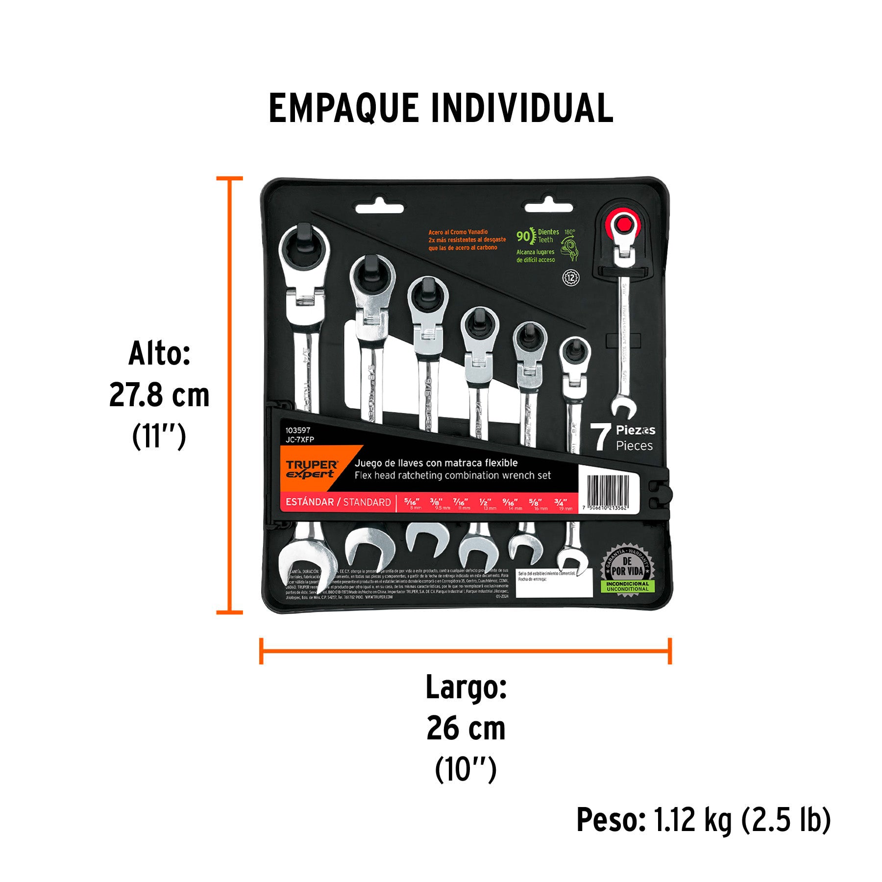 Juego de 7 llaves combinadas std con matraca flexible - Empaque
