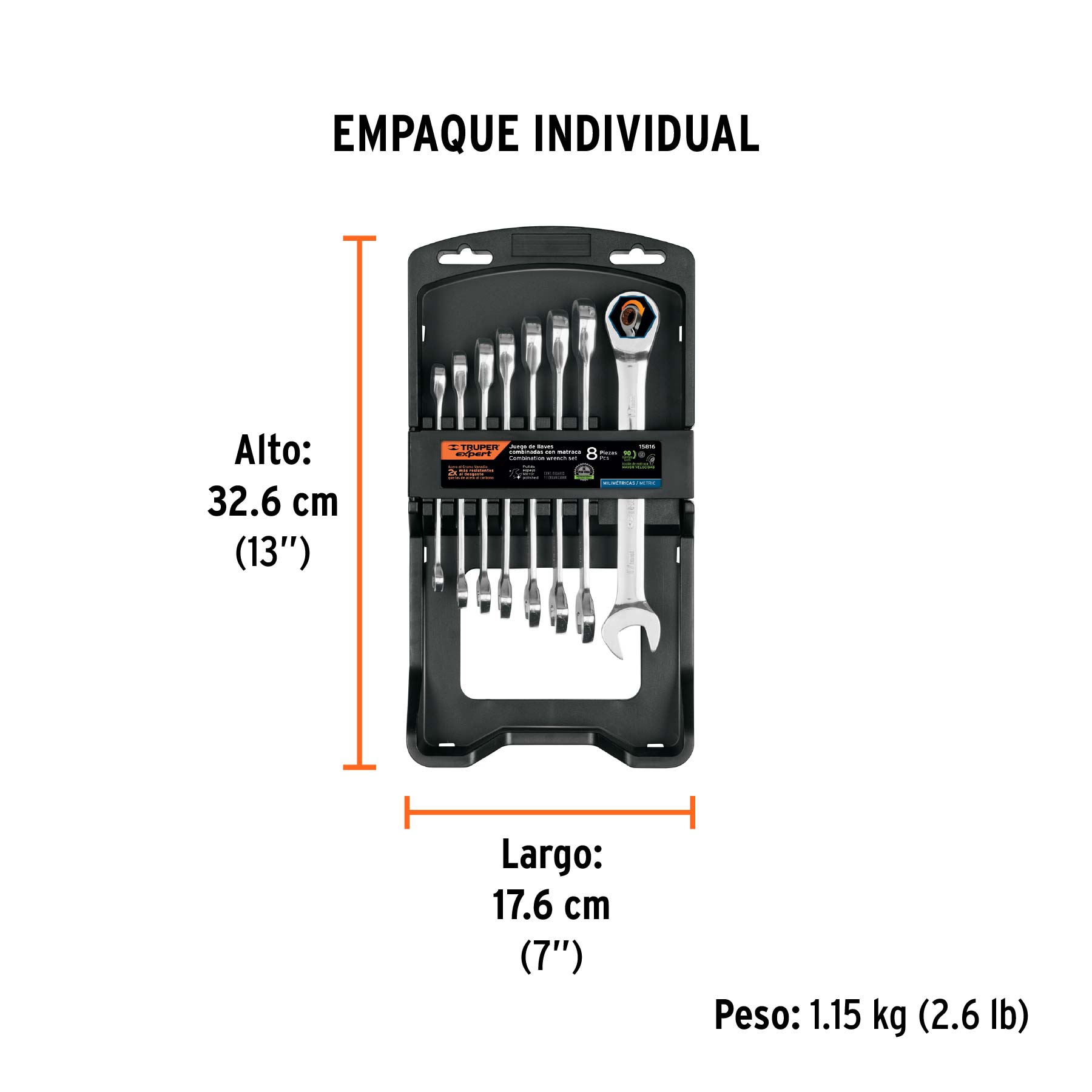 Juego de 8 llaves combinadas pulidas mm con matraca, EXPERT - Empaque