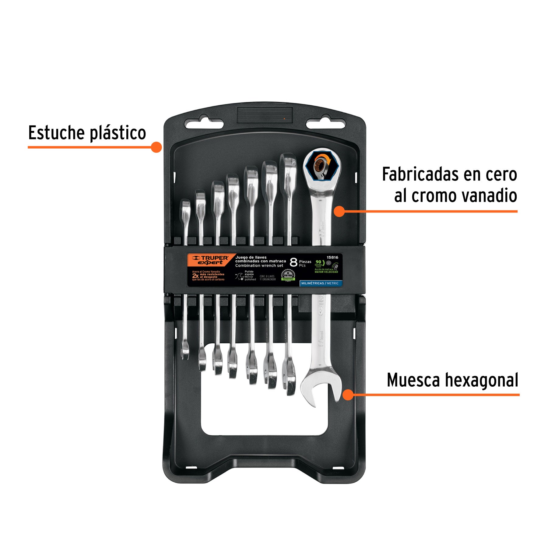Juego de 8 llaves combinadas pulidas mm con matraca, EXPERT