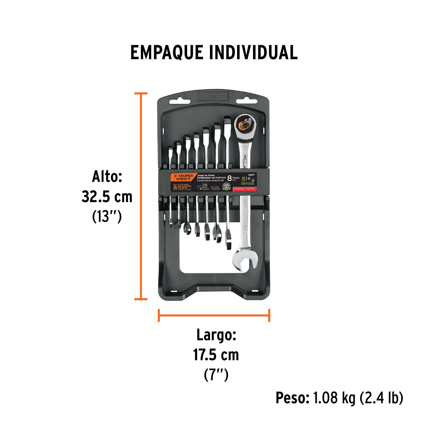 Juego de 8 llaves combinadas std pulidas con matraca, EXPERT - Empaque