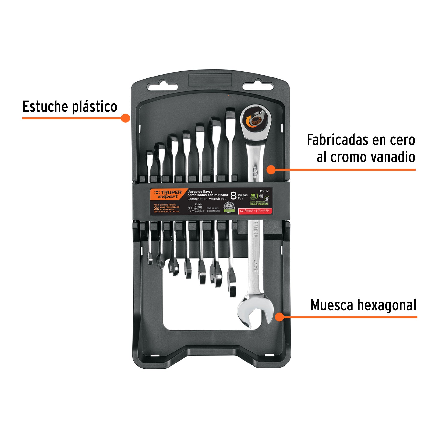 Juego de 8 llaves combinadas std pulidas con matraca, EXPERT