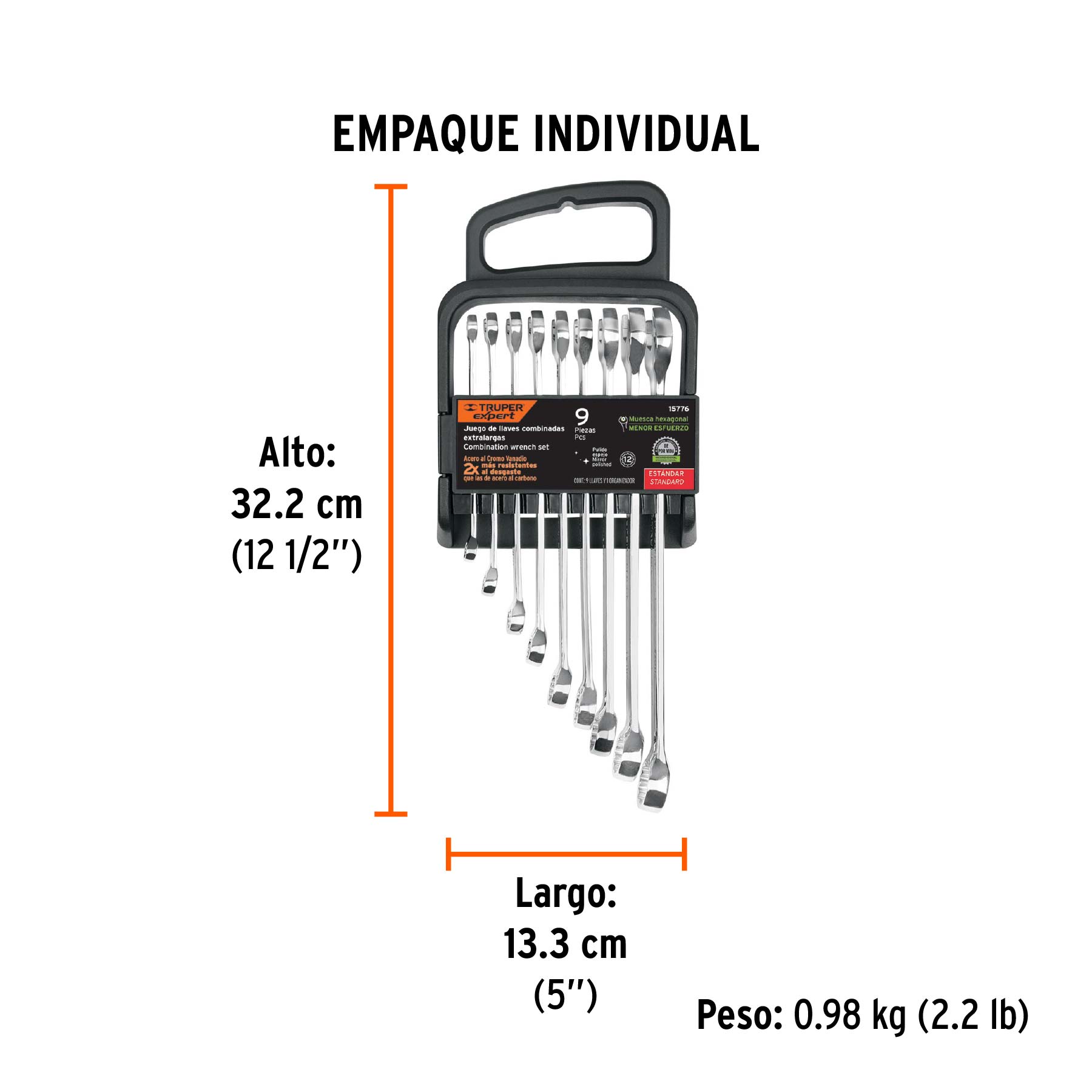 Juego de 9 llaves combinadas extralargas pulidas std, EXPERT - Empaque