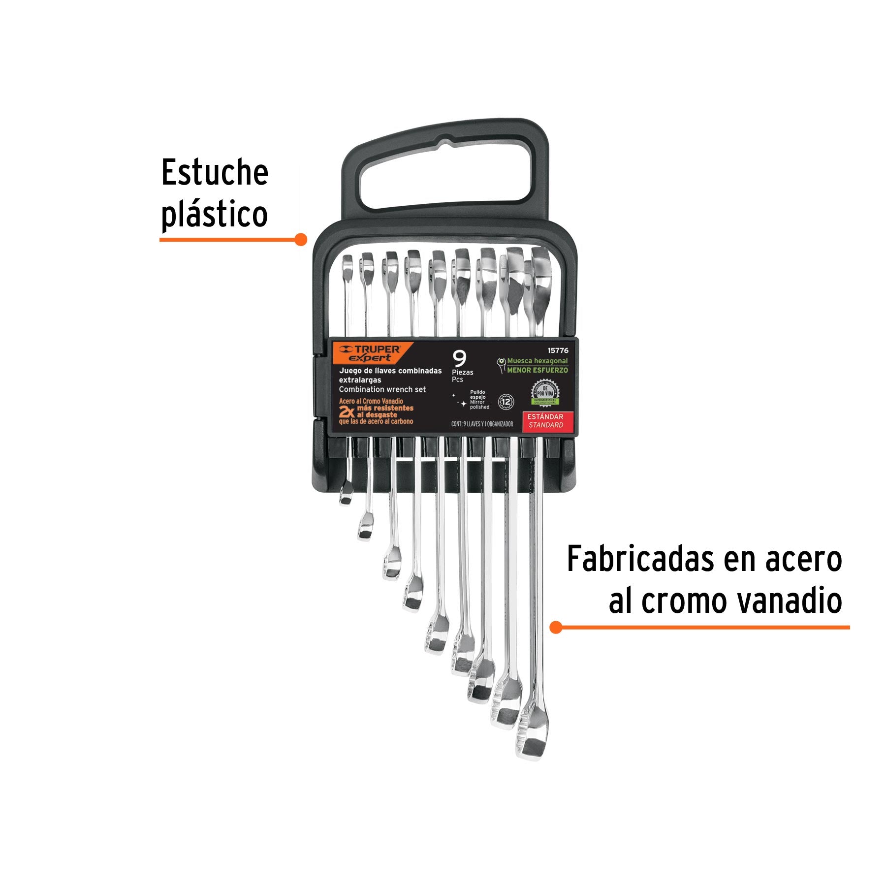 Juego de 9 llaves combinadas extralargas pulidas std, EXPERT