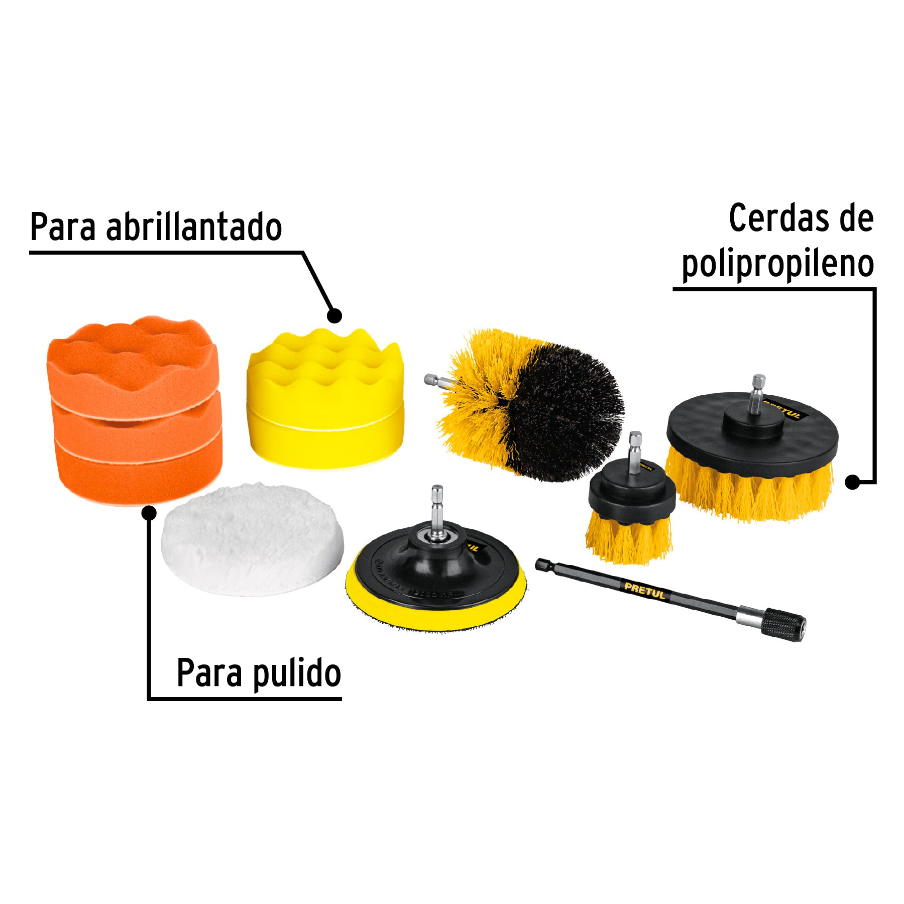 Juego 11 accesorios, limpieza y pulido para taladro, PRETUL