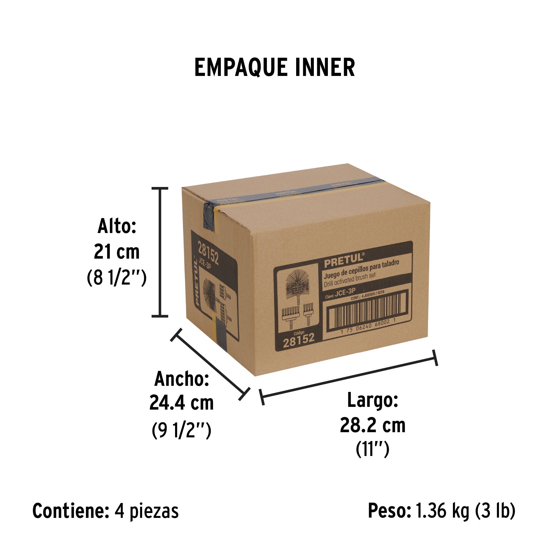 Juego de 3 cepillos multiusos para taladro, PRETUL - Empaque
