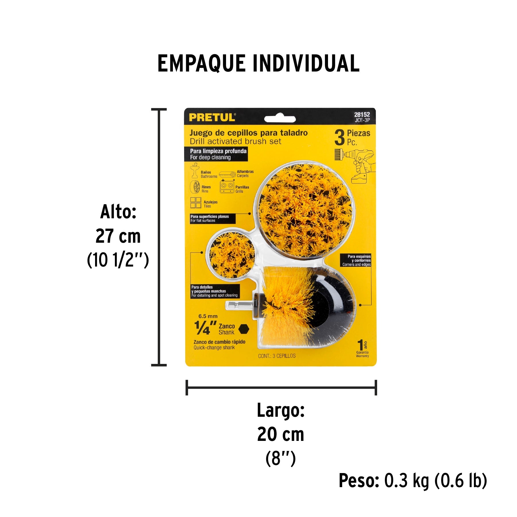 Juego de 3 cepillos multiusos para taladro, PRETUL - Empaque