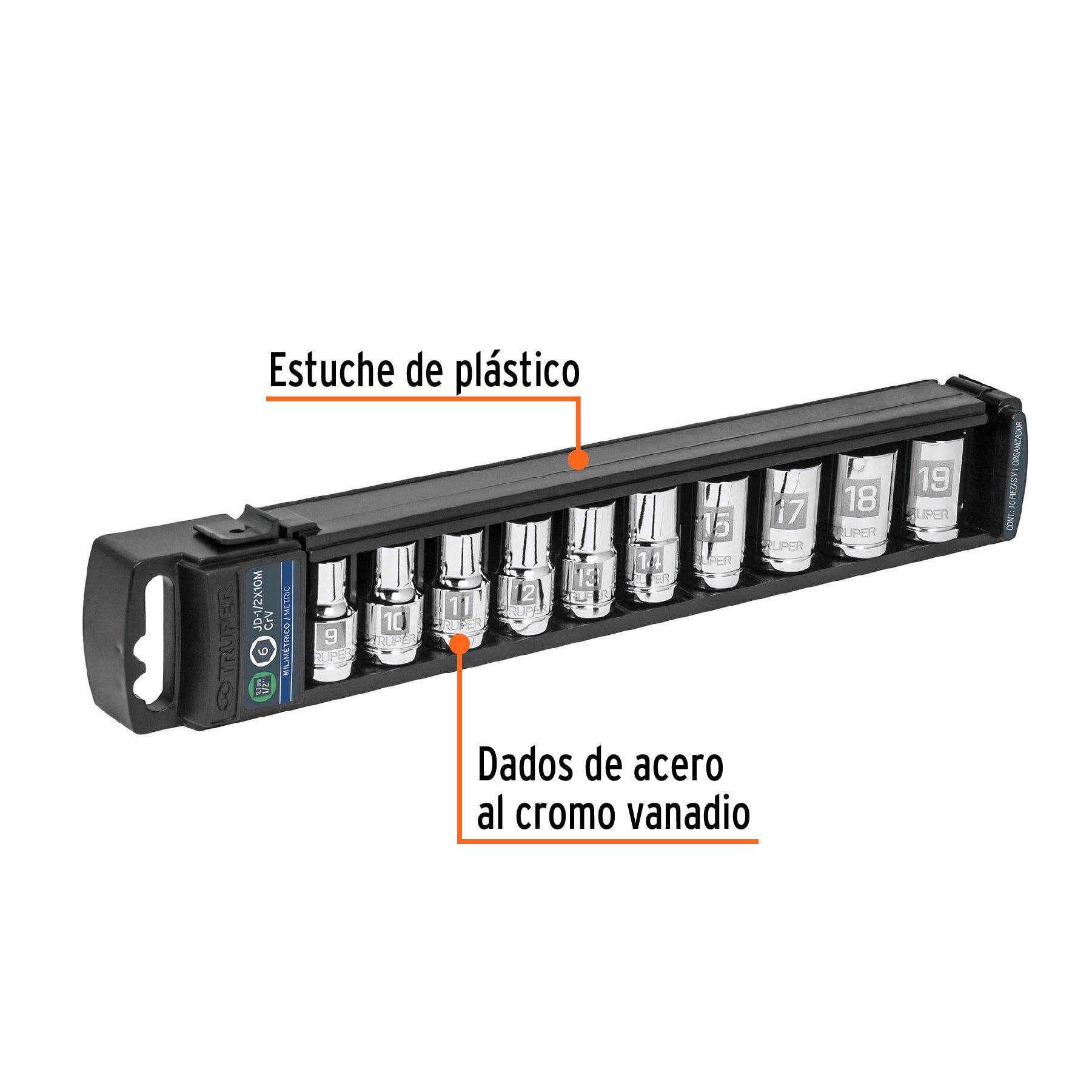 Juego de 10 dados cuadro 1/2" mm, TRUPER