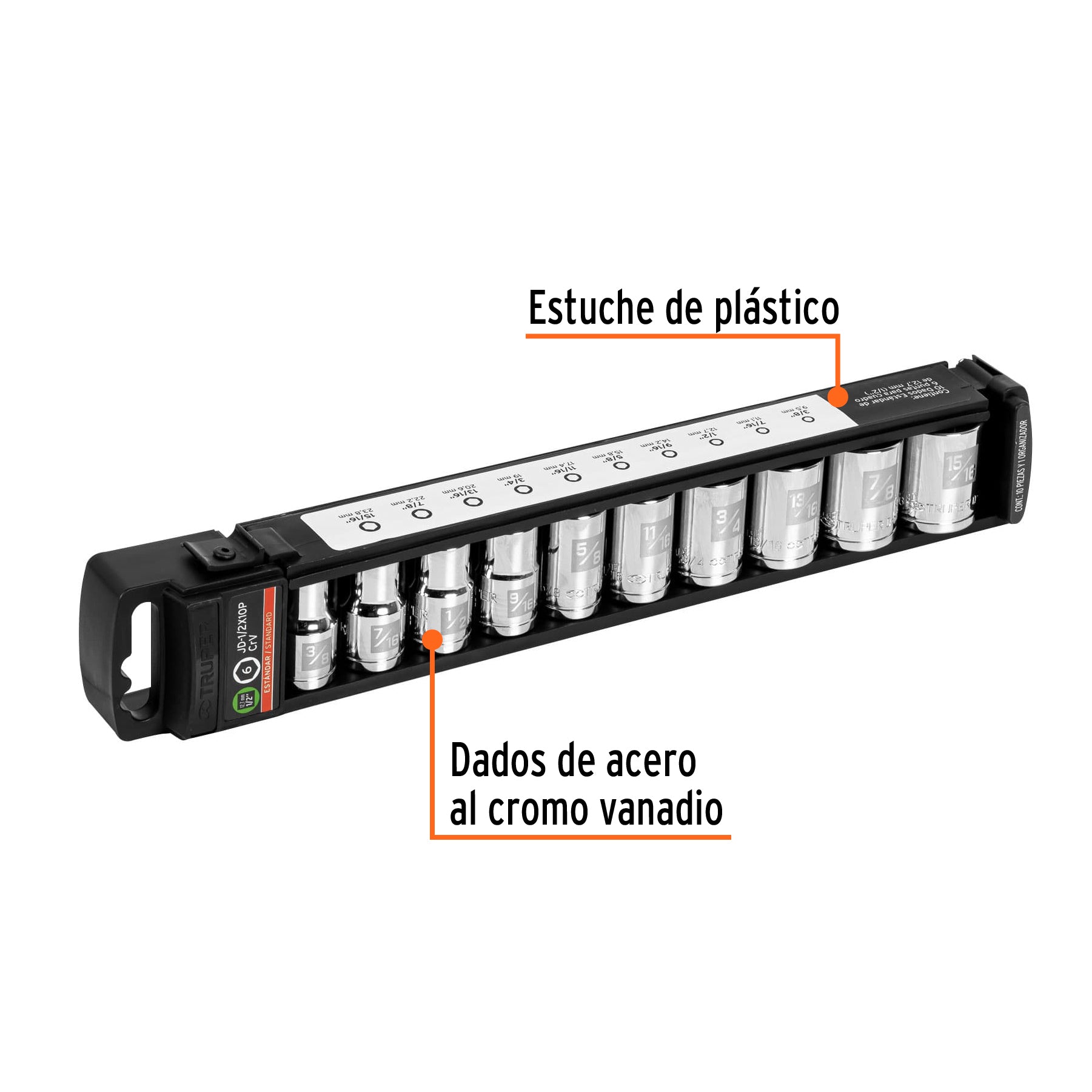 Juego de 10 dados cuadro 1/2" std, TRUPER