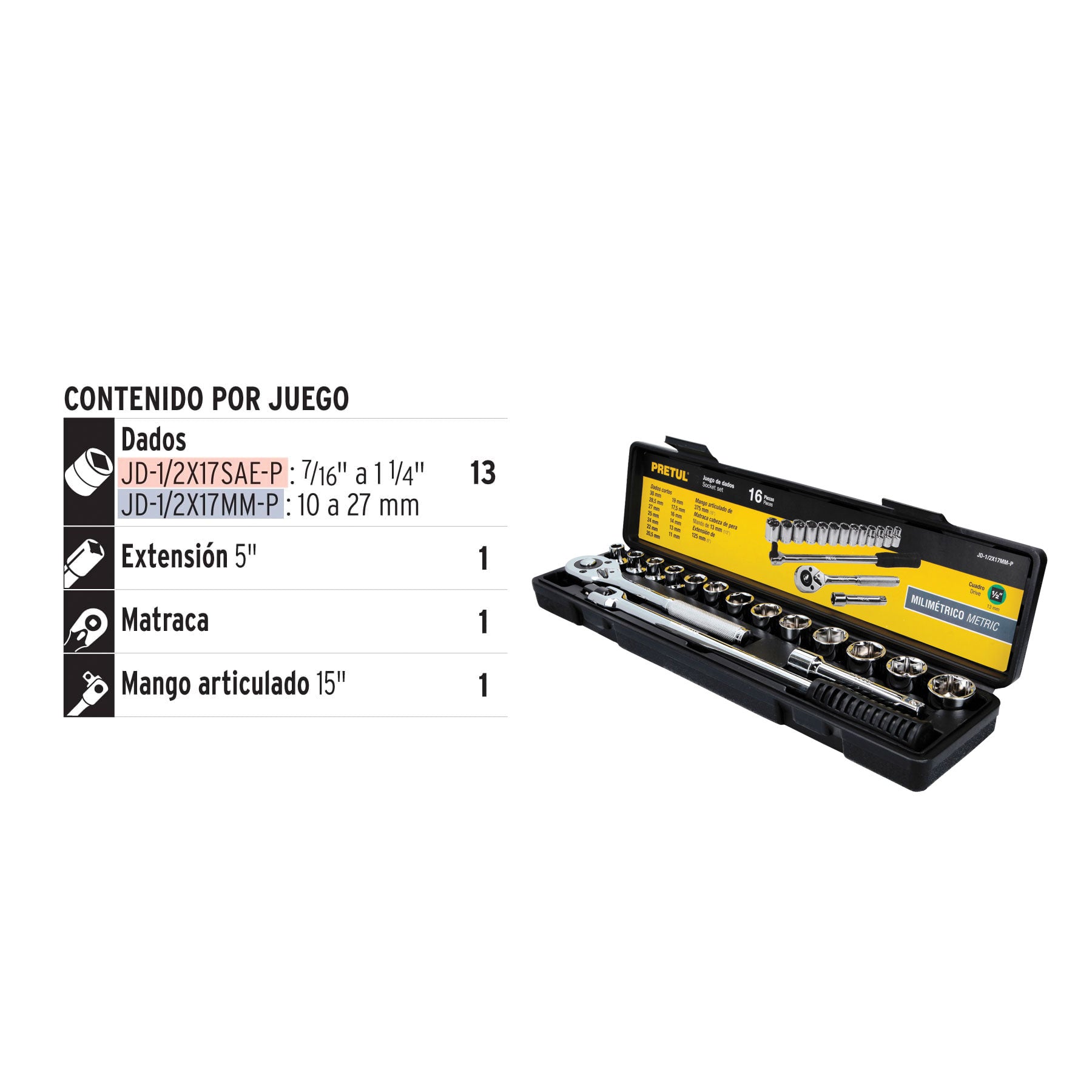 Juego de 16 herramientas 1/2" mm para mecánico, PRETUL