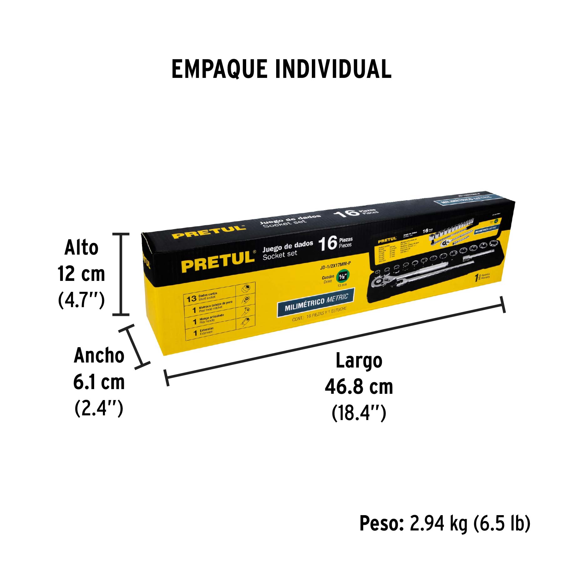 Juego de 16 herramientas 1/2" mm para mecánico, PRETUL - Empaque